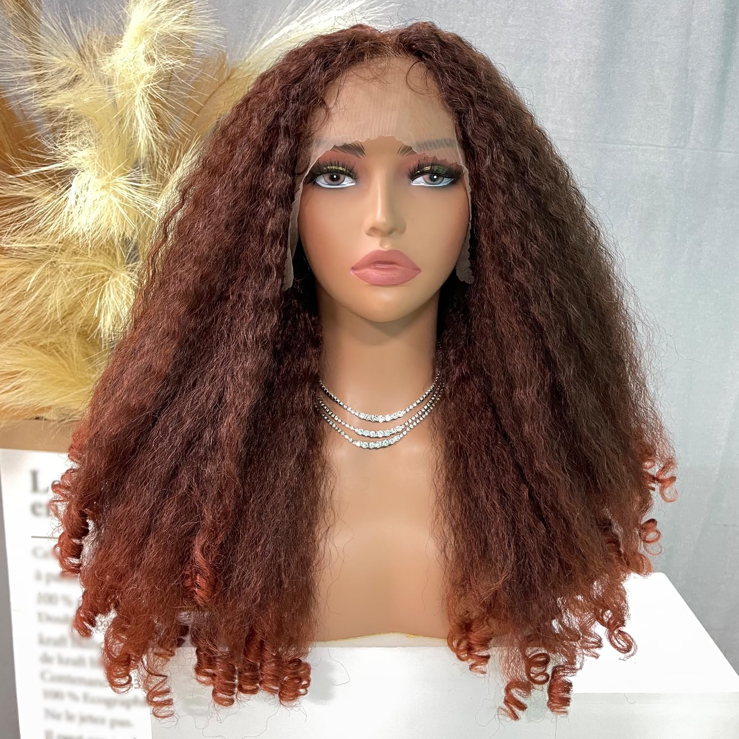 SOKU Afro Curly Lace Front Wig Synthetic Copper Red T Part 20 Inch Crimp to Curl Kinky Straight with Curly Ends Pre-plucked with Baby Hair Transparent Swiss Lace Yaki Texture Ginger Wigs for Women