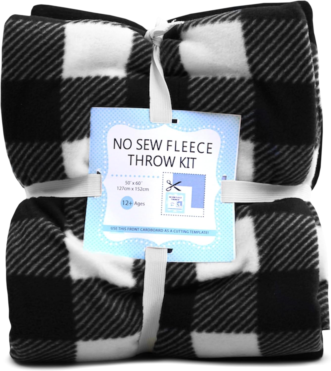 YourFleece Buffalo Plaid No-Sew Throw Fleece Fabric DIY Blanket Making Kit, Make Your Own, Anti-Pill, Black and White, 50x60 Inches