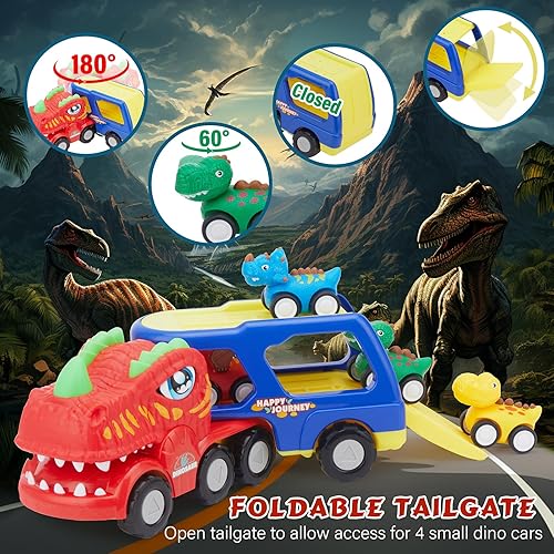Miniatura 4 de Camión de dinosaurios de juguete para niños de 3 a 5 años, camión de dinosaurio con luces intermitentes, música y sonido de rugido, vehículos de