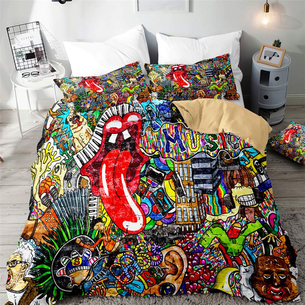 Treer-Shop Graffiti Red Lips Bedding Duvet Cover Set, Treer 3D Complete Set 1 Duvet Cover 2 Pillow Cases Print Zip Easy Care Microfiber Soft & Smooth Pillowcases (,Double-200X200cm)