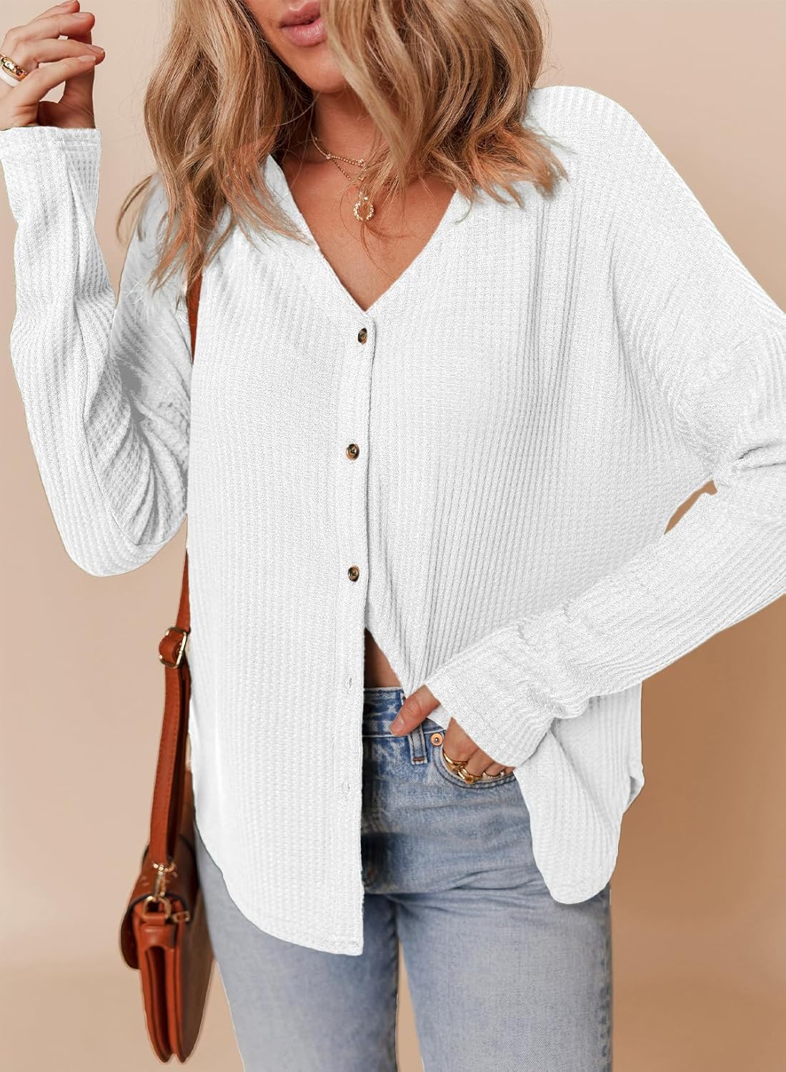 Dokotoo Women's Casual V Neck Waffle Knit Button Down Long Sleeve Shirts Loose Tops - Image 3