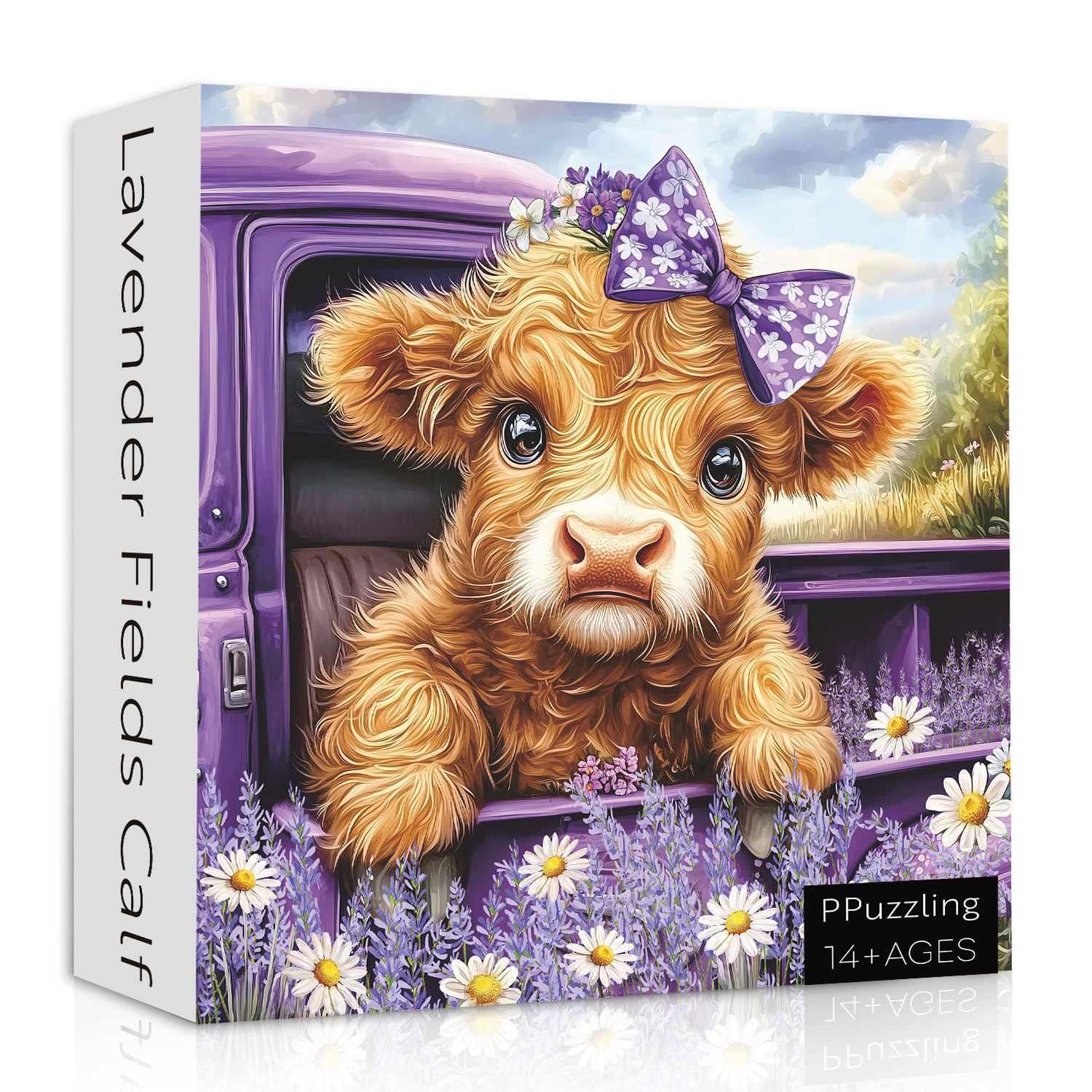 PPuzzling Highland Cow Puzzle for Adults 1000 Pieces, Cute Farm Cow Animal Puzzle Featuring Lavender Flower, Daisy Field & Purple Vintage Truck Scene Jigsaw Puzzle, Nature Floral Scenery Puzzle