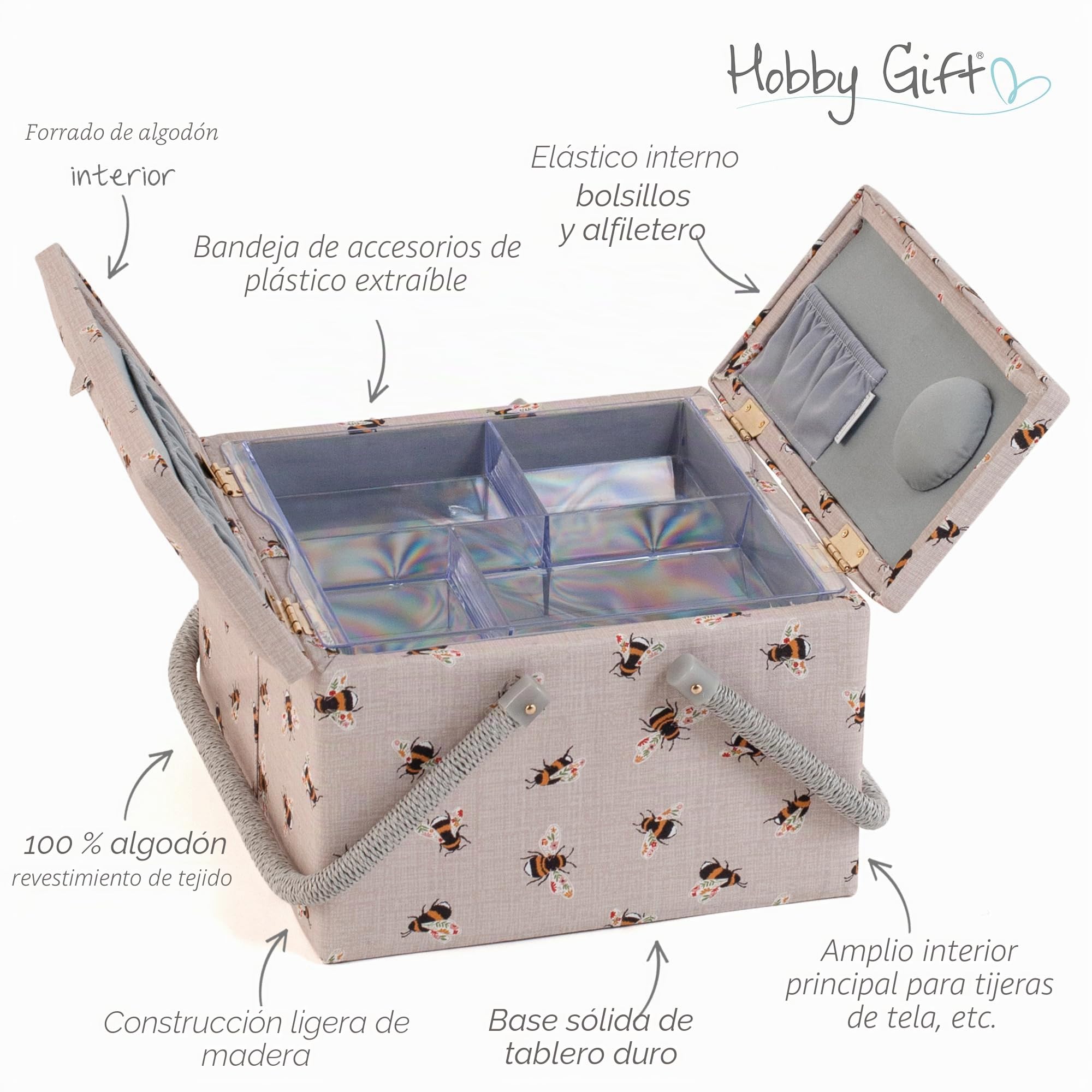 Hobby Gift Caja de Costura Grande con Doble Tapa y Asa, Cesta de Algodón con Compartimentos para Herramientas, 25 x 25 x 17 cm, Abejas