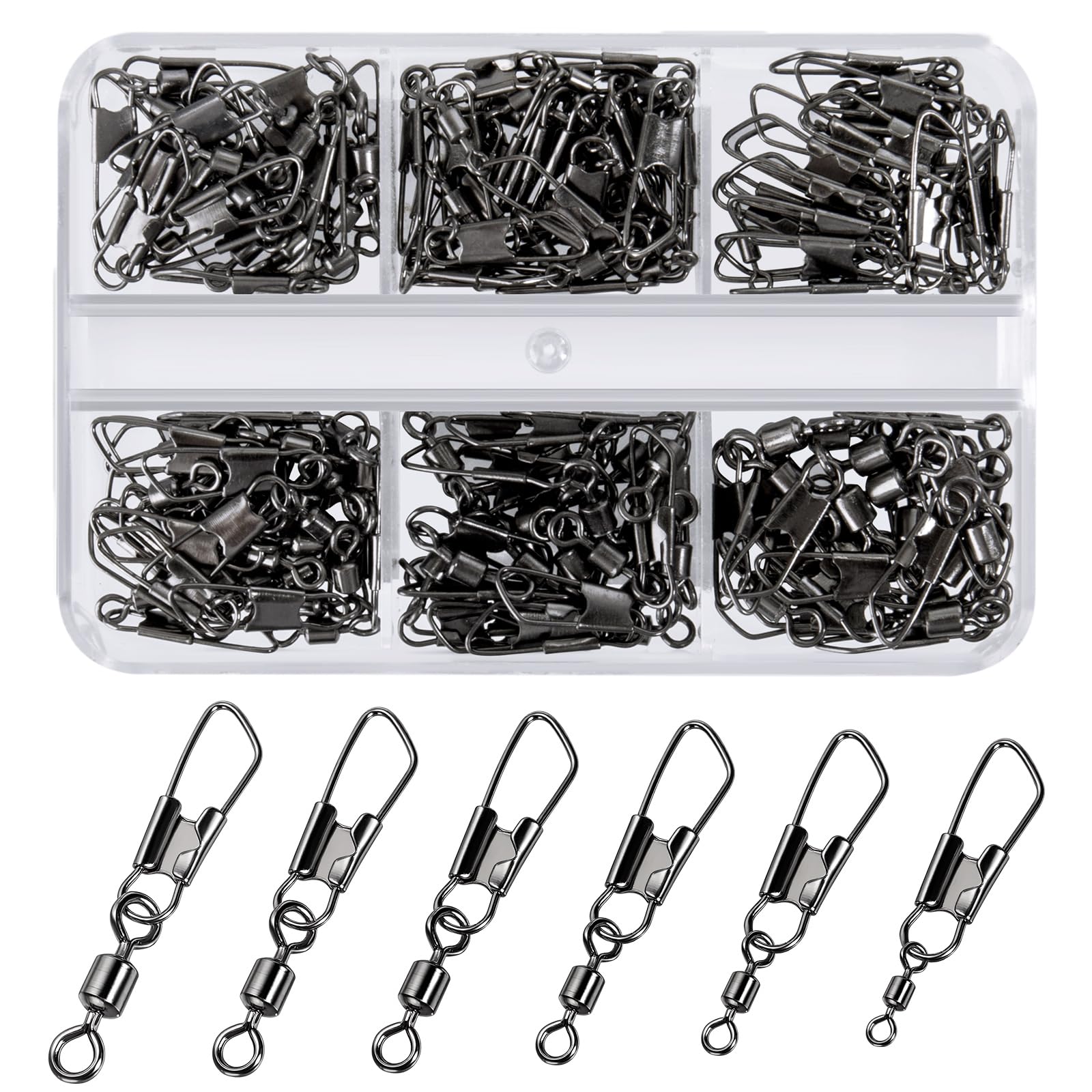 VEPEPE 120 Pcs Fishing Swivel Snap Links Set, Safety Snaps Swivels Tackle, Stainless Steel, Baseline Connectors, Anglers 6 Sizes 6# 7# 8# 10# 12# 14# for Freshwater Saltwater Bass Carp Fishing