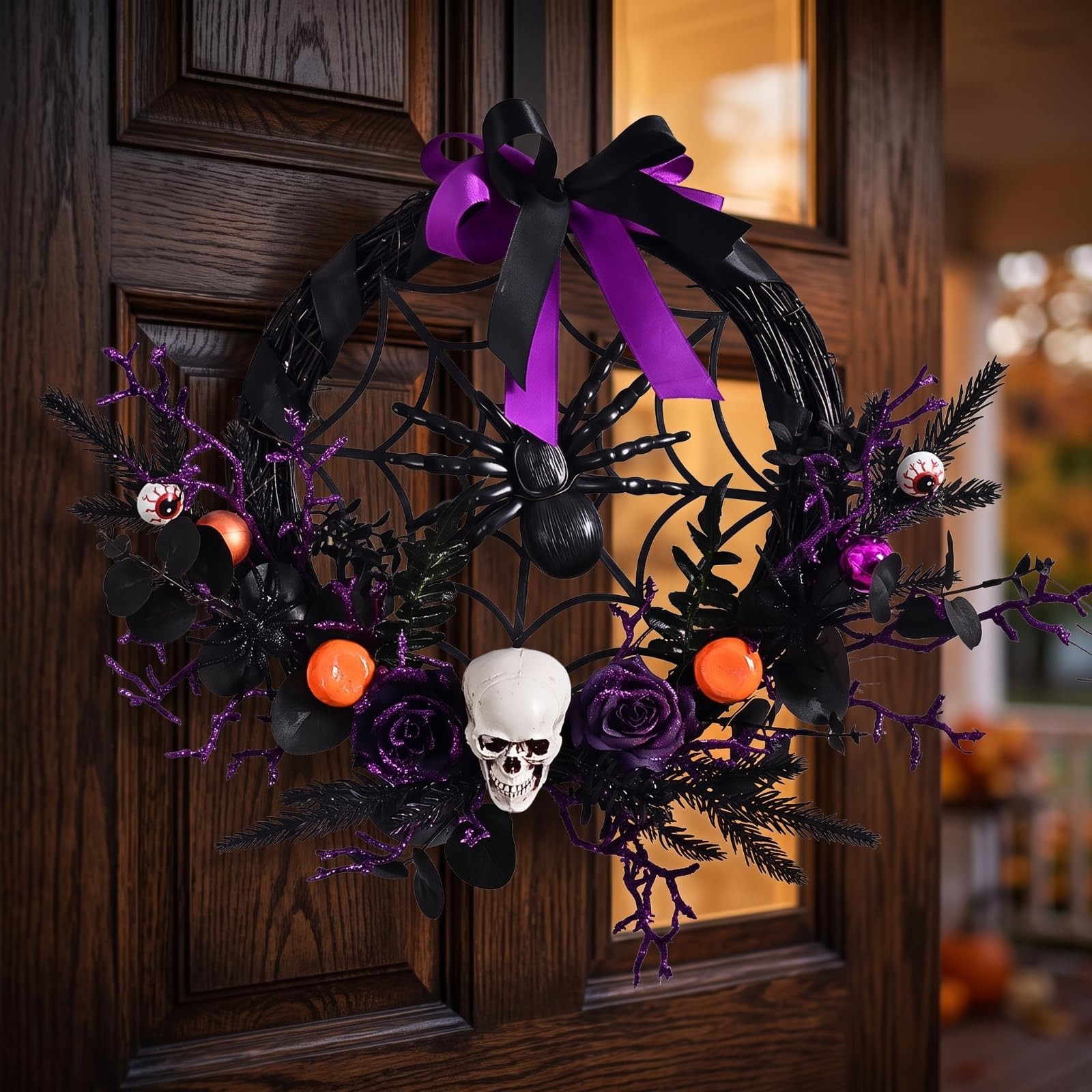 Corona de Halloween Corona Guirnalda Adorno Decoración con Texturas de Bayas Oscuras y Telarañas en Follaje Negro Adecuada para Recibidores Festivos, GH0142W