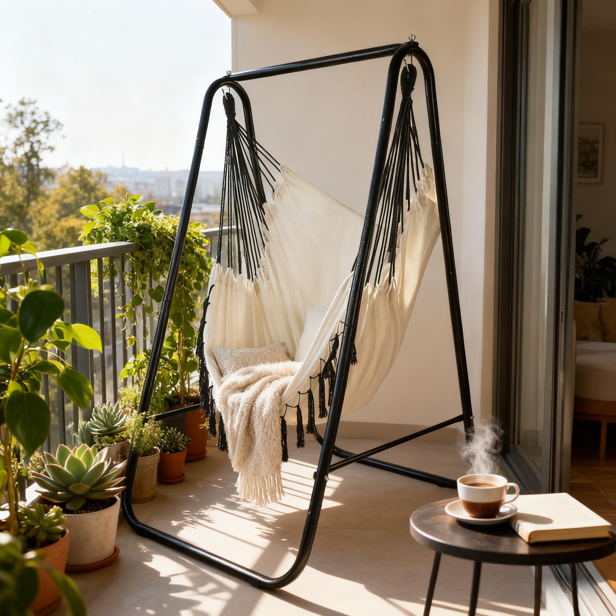 CCLIFE Chaise Suspendue Jardin avec Pied Fauteuil Suspendu pour Interieur et extérieur,Max 100kg,85x103x153cm Beige