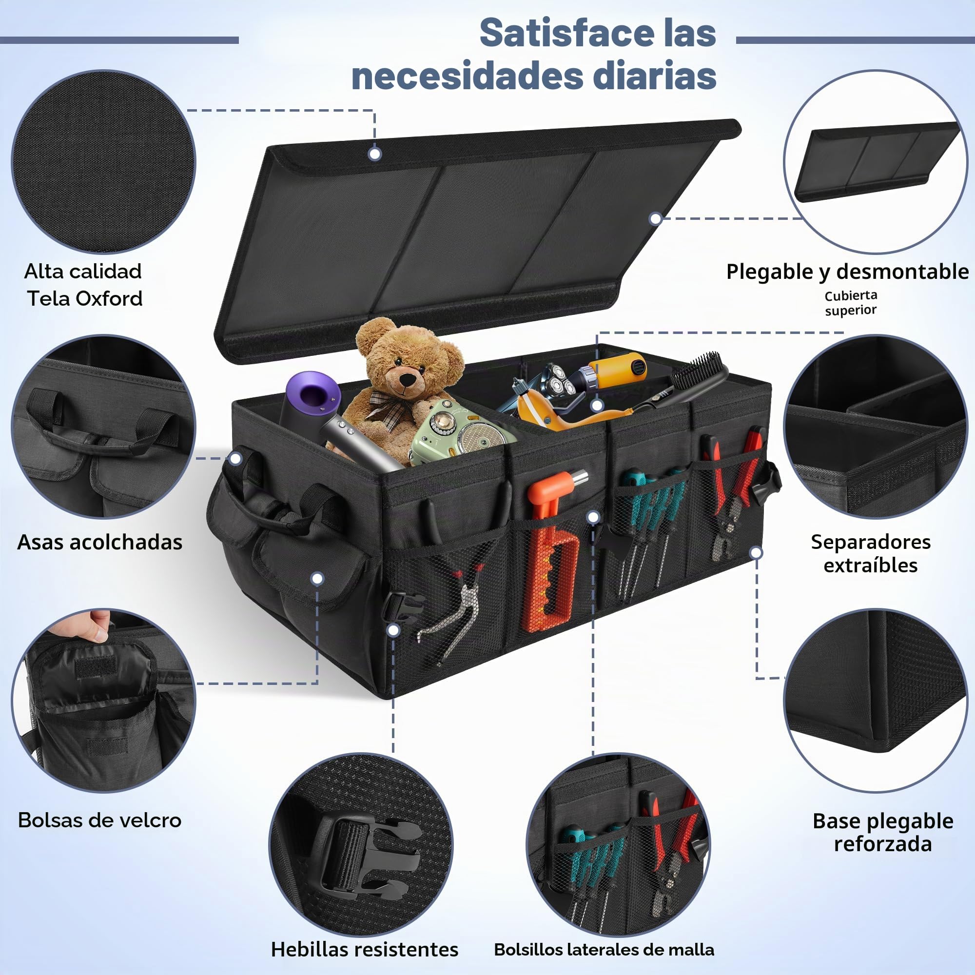 Organizador de maletero, bolsa plegable para maletero con tapa, organizador de maletero para automóvil con divisores extraíbles, equipado con base antideslizante y cierre de velcro, bolsillos