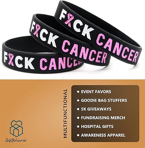 Miniatura 4 de Fuck Cancer Pulseras con cinta rosa para concienciar sobre el cáncer de mama (paquete de 6) – Paquete a granel de 6 pulseras de cáncer Fck para