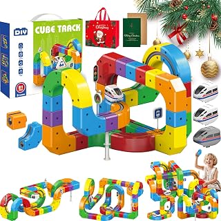 Electric Train Set, Magnetic Train Set with Race Tracks, Anti-Gravity 3D Infinity Track with Motorized Train and Traffic Signs, DIY Modular Clip-Fit Cube Track, Build Uphill, Loop 360° (81pcs+3Cars)