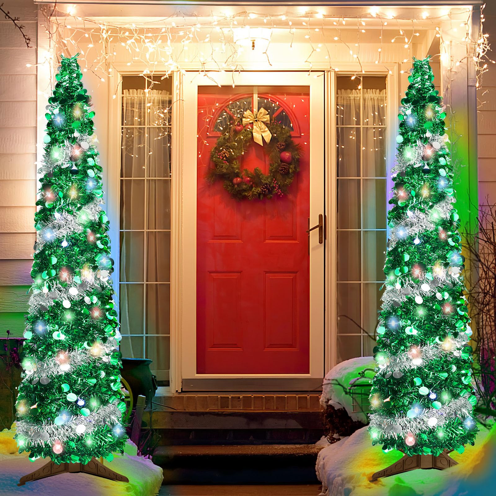 QBA Sapin de Noël pop-up de 1,5 m avec 90 lumières, sapin de Noël pliable à guirlandes fines pour la maison, le bureau, le dortoir, l'appartement, la boutique, les fêtes, vert argenté