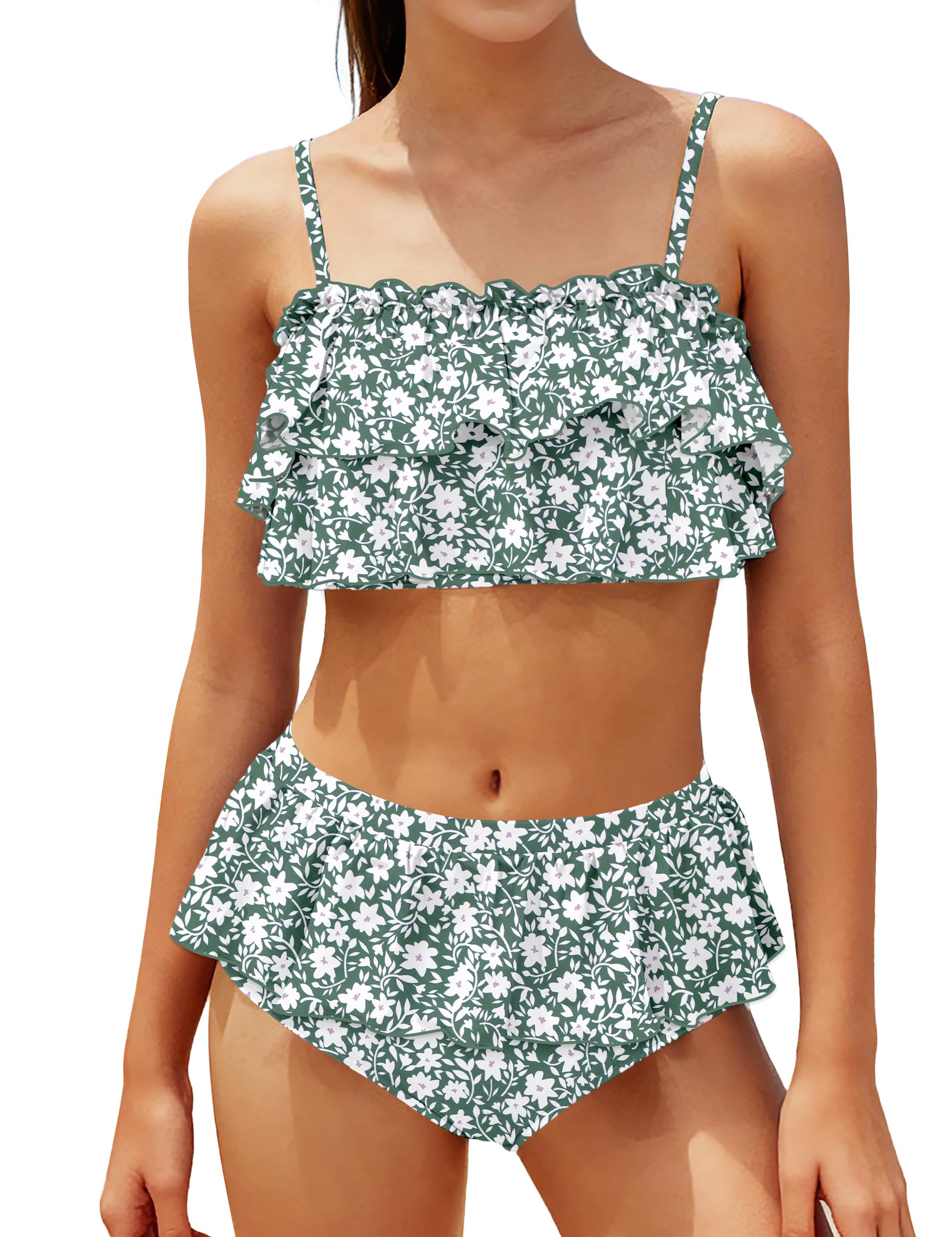 NAPU Girls Swimsuit Color Block Tankini Swimsuit Quick Dry 2 Piece Bathing Suit for Girls 9-16 Years Teens Swimwear Summer