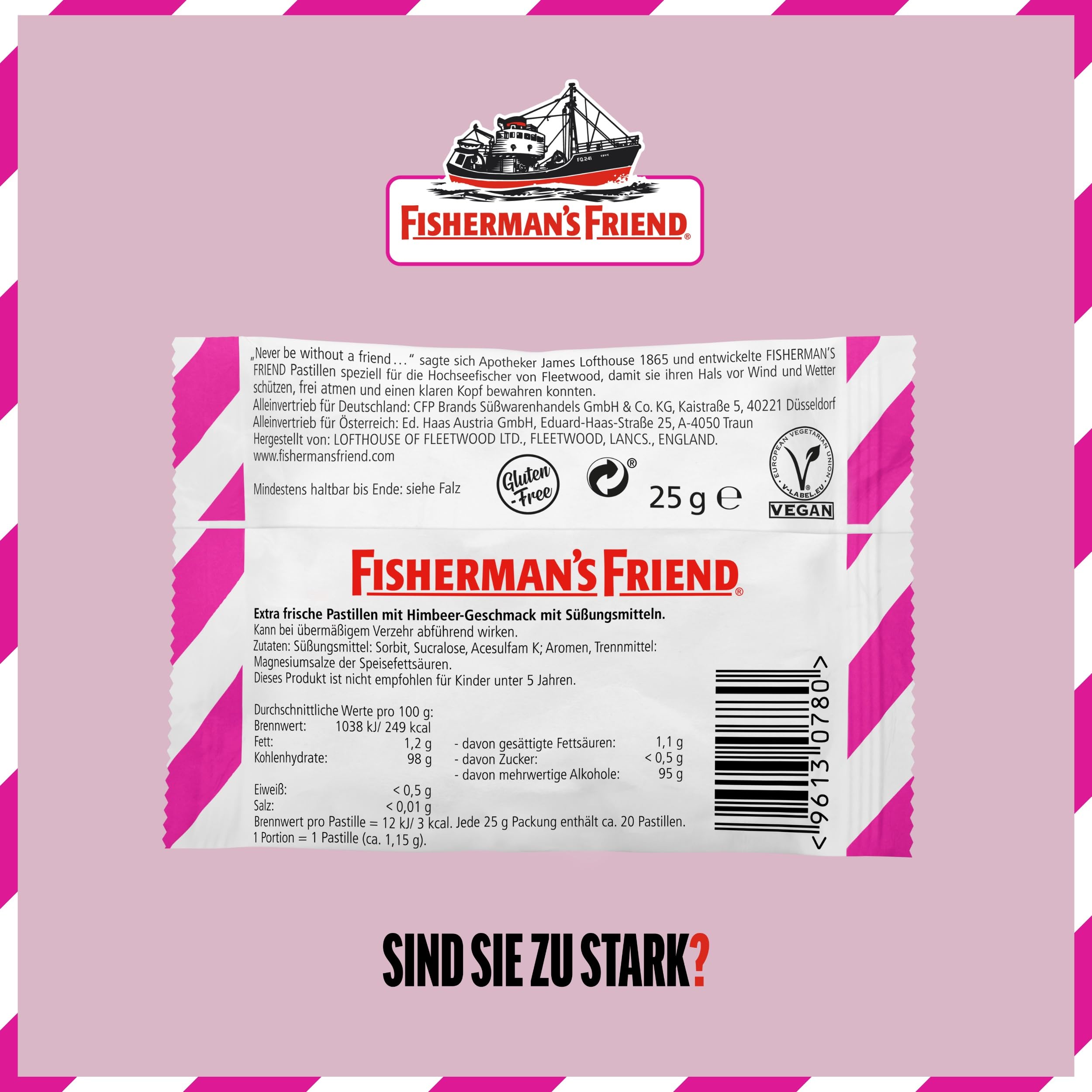 Fisherman's Friend Raspberry, 24er Vorratsbox, Himbeere und Menthol Geschmack, zuckerfrei & vegan, Bonbons für frischen Atem, 24 x 25g