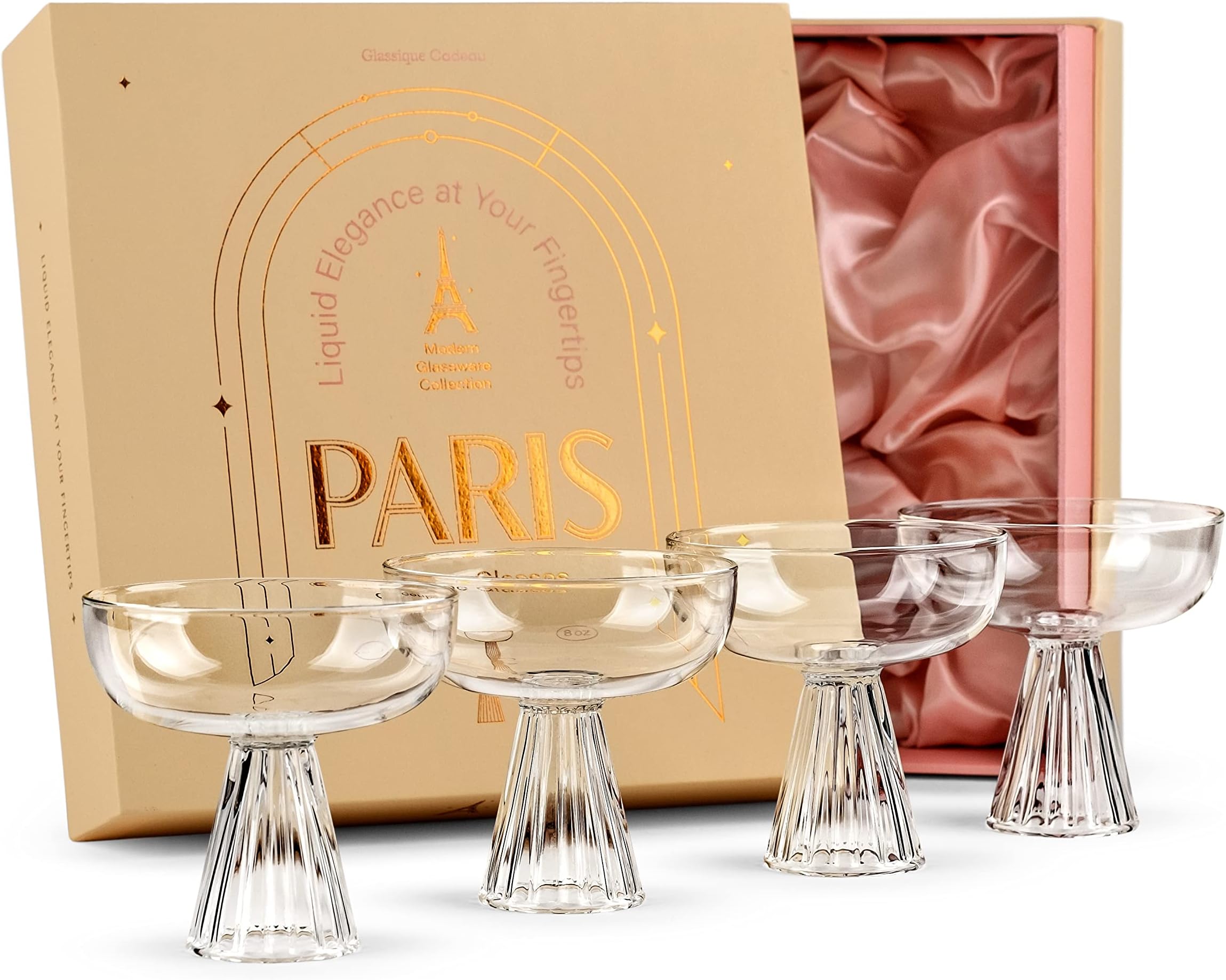 Modern Paris Coupe Cocktail and Champagne Glasses | Set of 4 | 230 ml Borosilicate Saucers for Espresso Martini, Cosmopolitan, Daiquiri, Manhattan, Sidecar