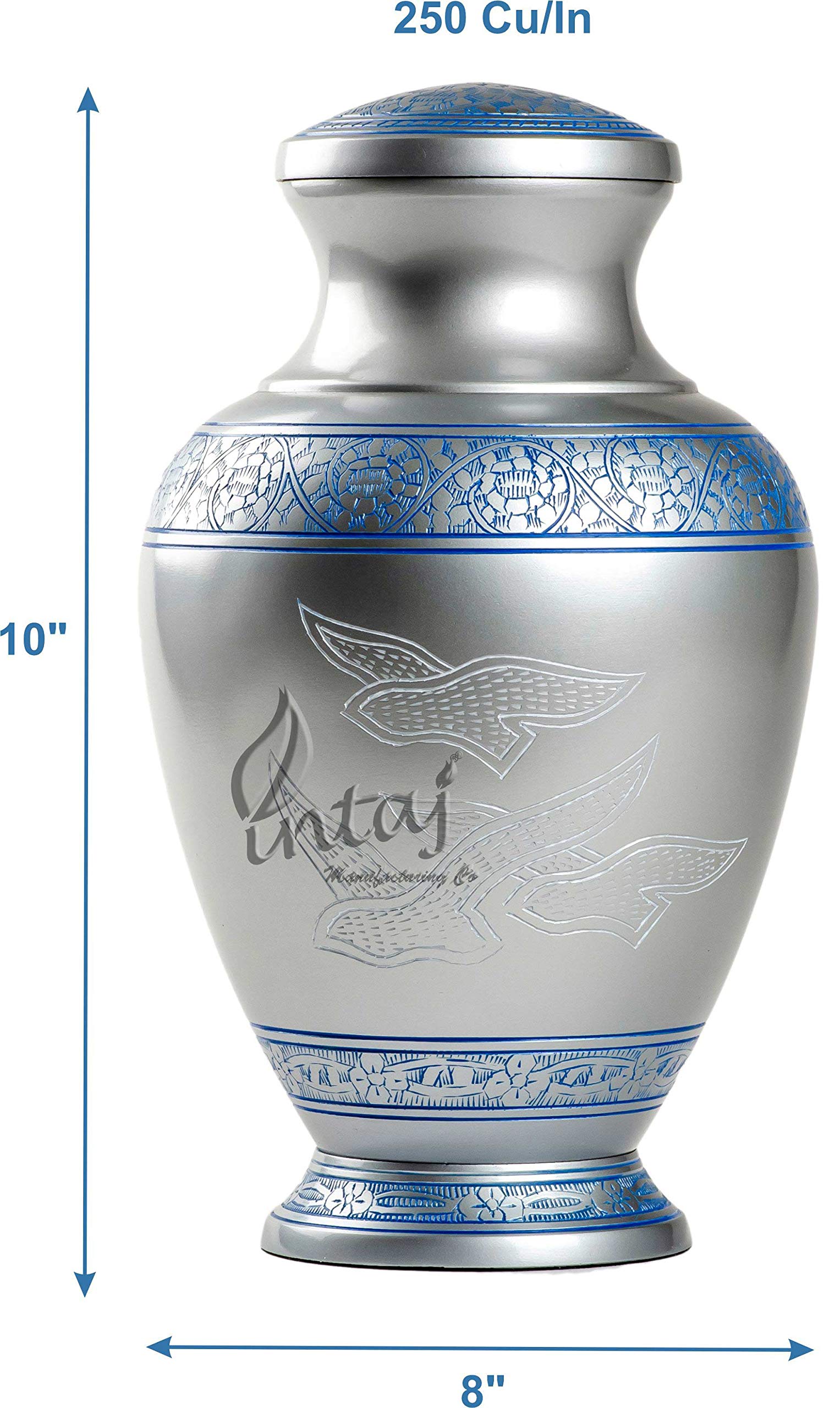 INTAJ Elite Cloud Blue and Silver Cremation Urn for Human Ashes - Adult Funeral Urn Handcrafted - Affordable Urn for Ashes - Large Urn Deal (Peaceful Blue Birds, Adult Urn - 200 Cu/in)