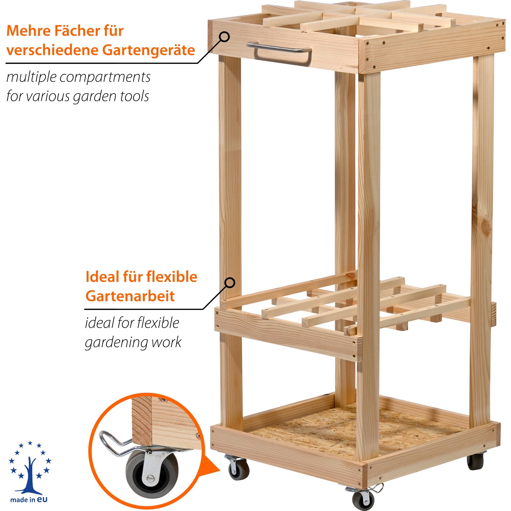 dobar® Organizador de herramientas de jardín con ruedas - Soporte móvil de madera para herramientas de jardín - Estante de herramientas de jardín enrollable para jardín, garaje y cobertizo - 38 x 38 x