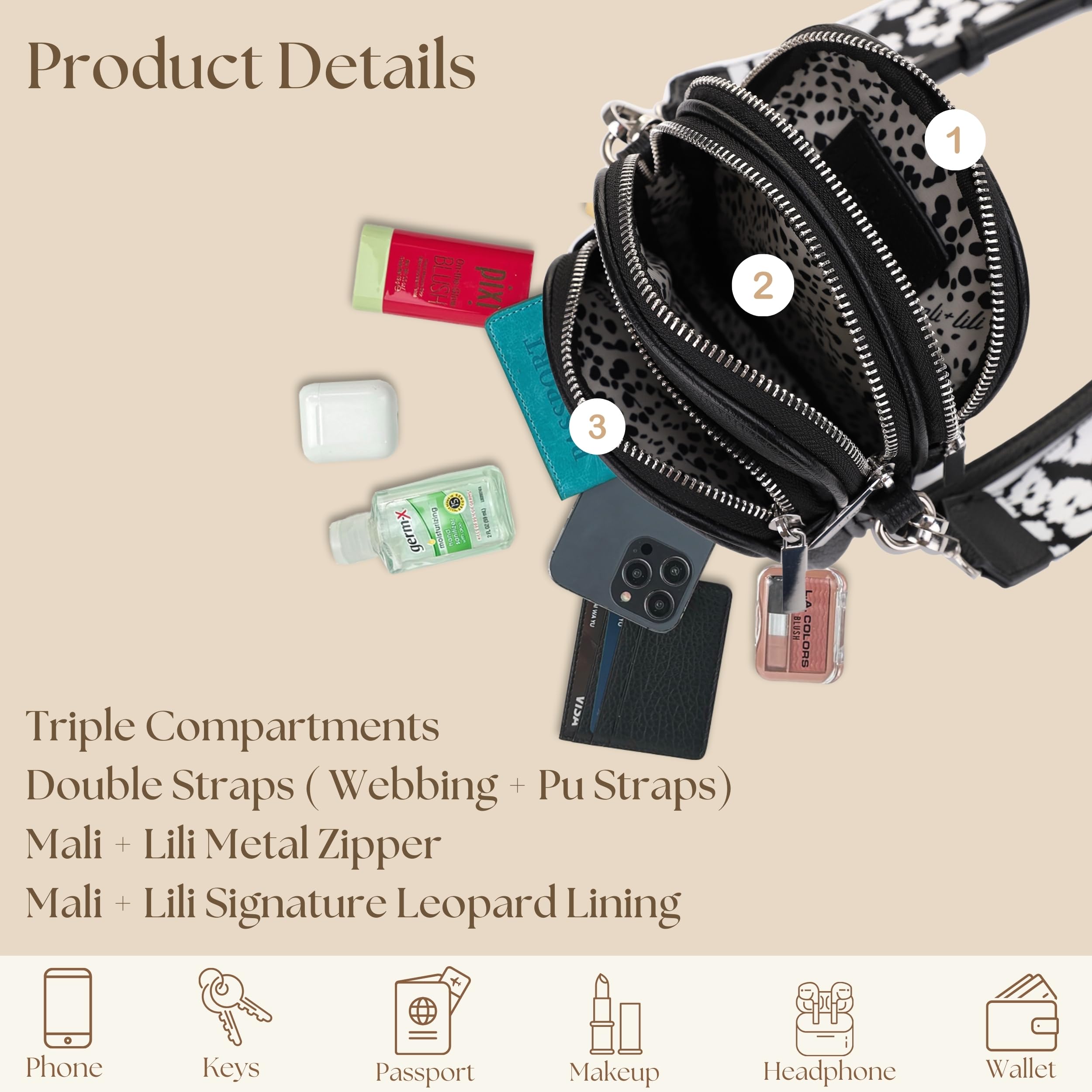 Mali+Lili Small Crossbody Bag for Women, Triple Compartment Shoulder Bag with Double Strap