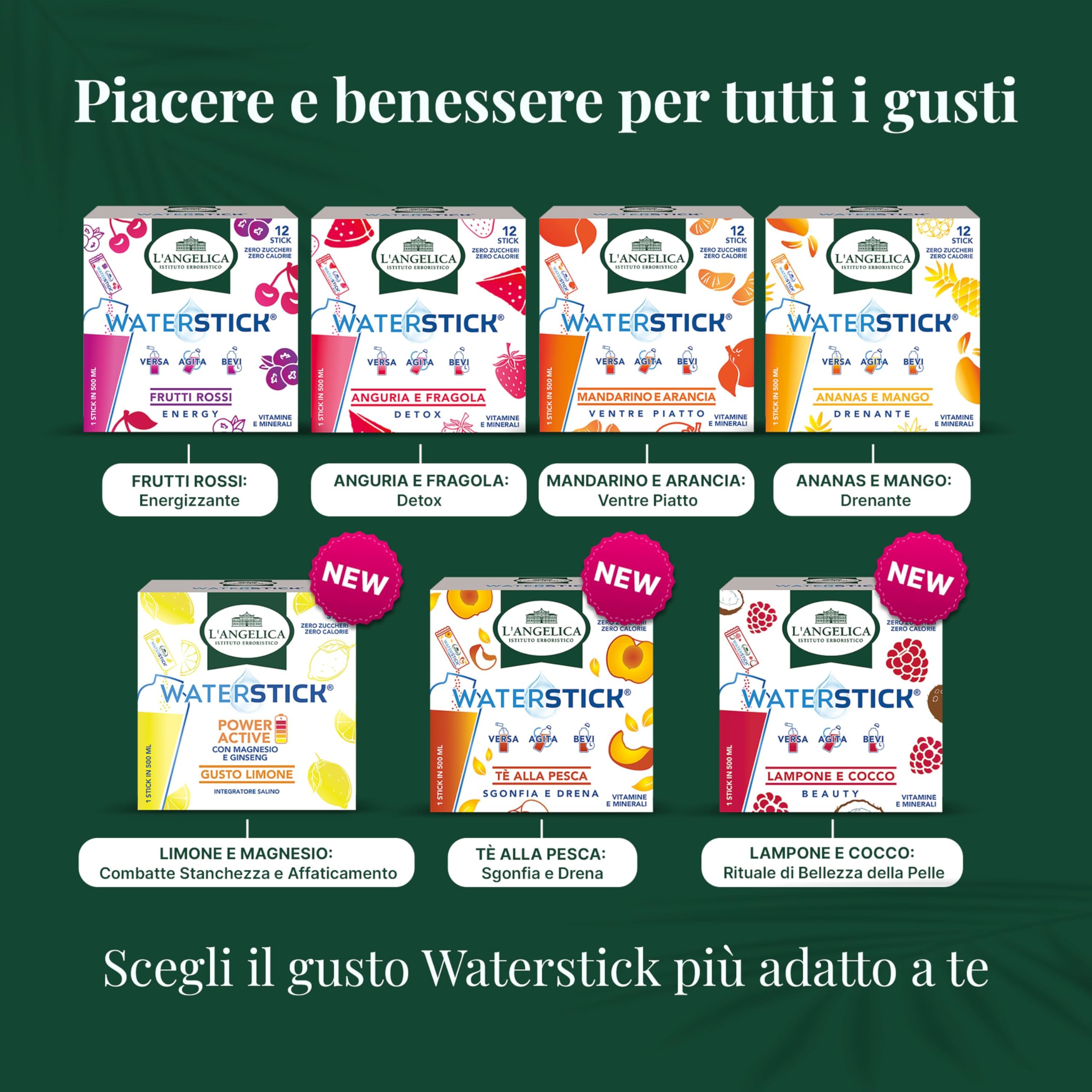 L'Angelica Waterstick Cassa Mista,4 Gusti, Tè alla Pesca, Anguria e Fragola, Mandarino e Arancia, Frutti Rossi,Vitamine e Sali Minerali, Zero Zuccheri e Calorie, Senza Conservanti,4 Astucci da12 Stick