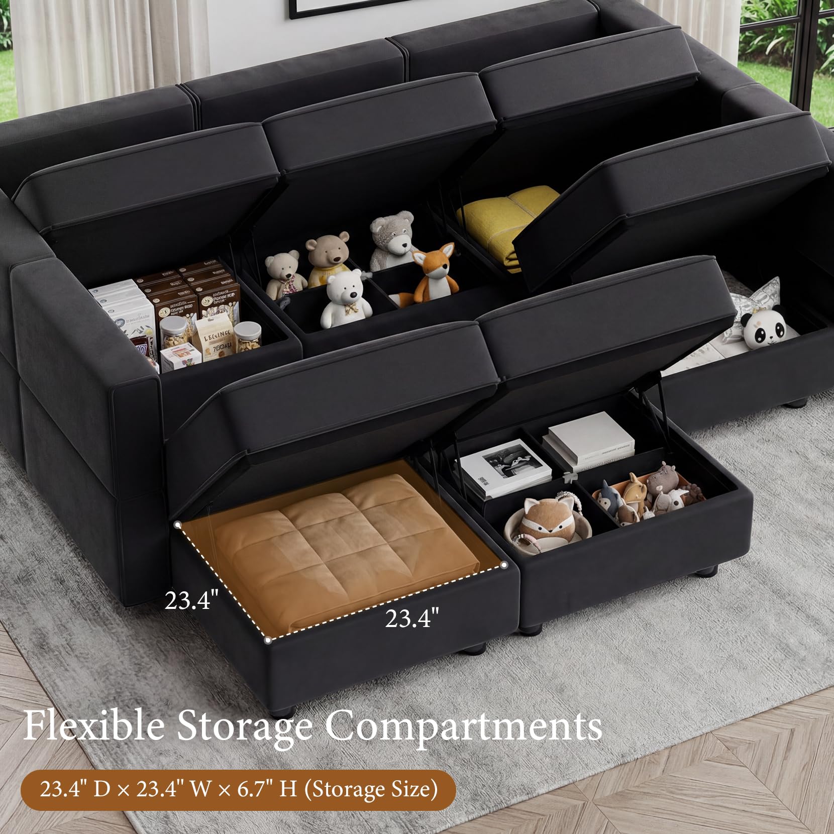 Vesgantti 92" 9 Seats Modular Sectional Sleeper Sofa with Storage, Black | FSC-certified hardwood frame, Pet-friendly velvet upholstery, Adjustable backrests and armrests, Two leg height options