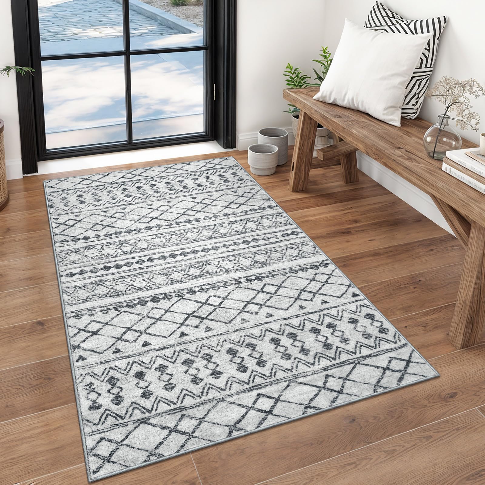 KUTA 3x5 Entryway Rug, Grey Non-Slip Washable Low-Pile Boho Moroccan Living Room Area Rug, Ultra Soft Distressed Geometric Print Throw Carpet for