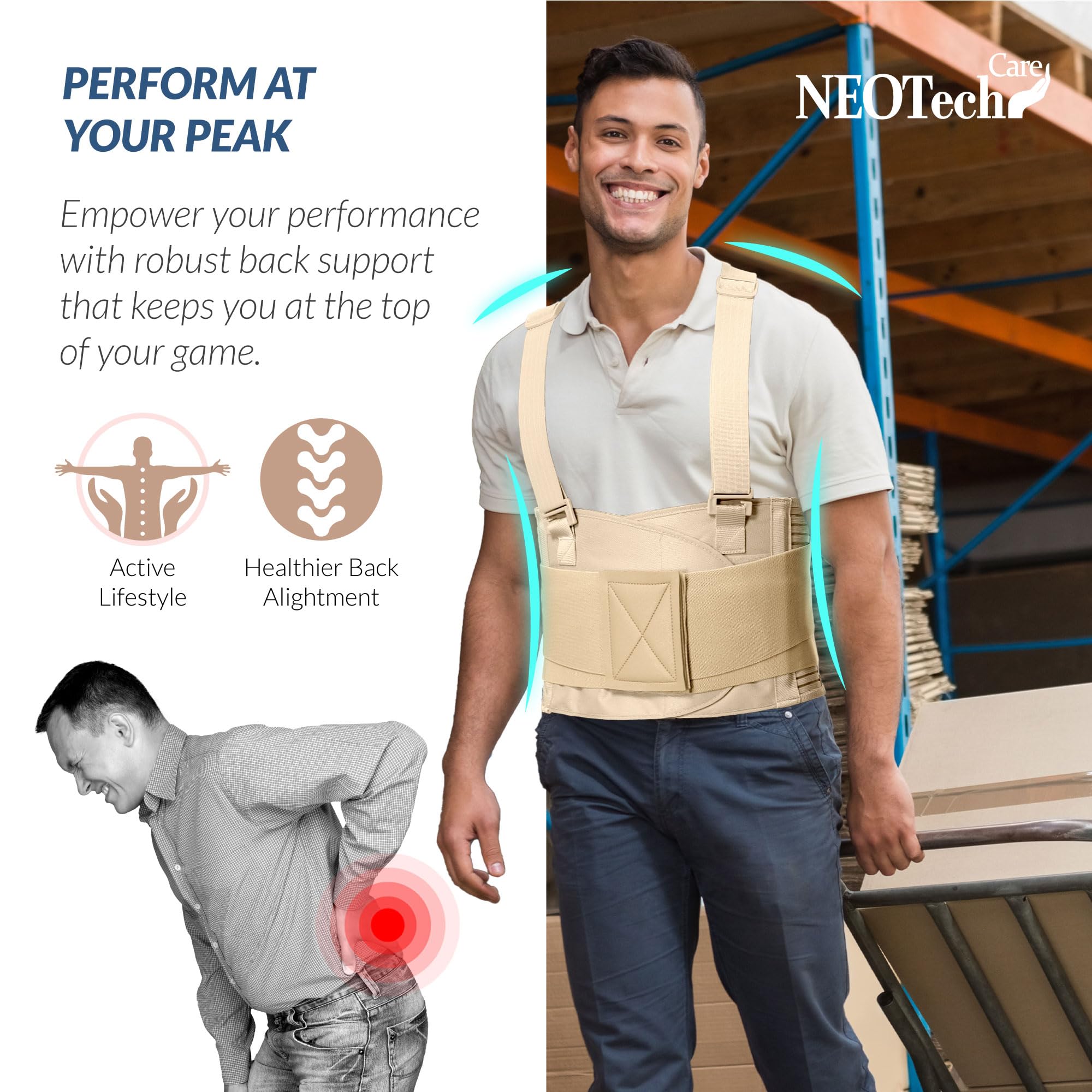 NEOtech Care Lendenstütze mit Trägern - Verstellbar - Abnehmbare Schultergurte (Beige, XL)