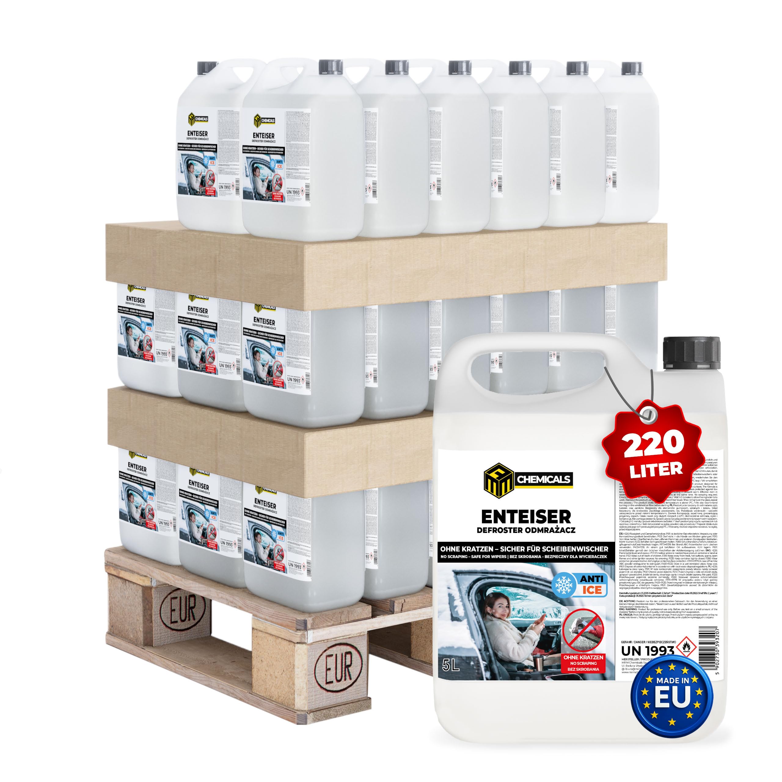 44 x 5L Scheibenenteiser Auto bis –40 °C – Enteiser für Autoscheiben, Türen & Schlösser – Entfernt EIS & Reif in Sekunden – Lack- & Dichtungsschonend – Made in EU