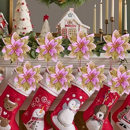 Miniatura 46 de GREENTIME 12 flores de Pascua artificiales azules con purpurina de 5.5 pulgadas, flores de Navidad con clips, tallos de Navidad, adornos para árbol