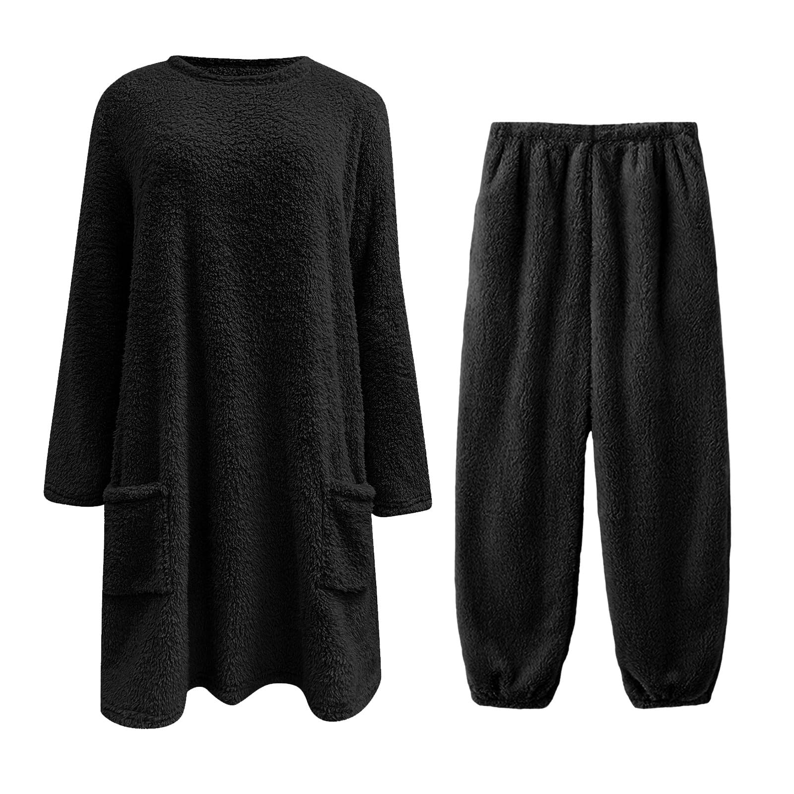 Da Donna A Maniche Lunghe con Pullover, Autunno E Inverno, in Morbido Pile Doppio, Rilievo Comodo Abbigliamento Casa per Le Notti Fredde Pigiami Famiglia Coordinati (Black, S) Pigiama