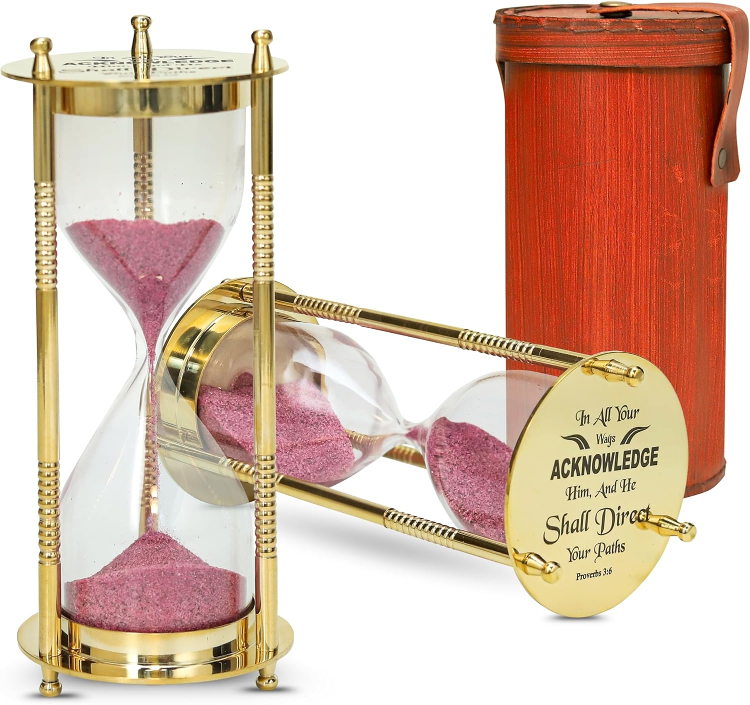 Hourglass Timer with Leather Case – Brass Sand Timer with Pink Sand & Engraved Bible Verse – Inspirational Gift for Desk, Office, Travel, and Christian Encouragement