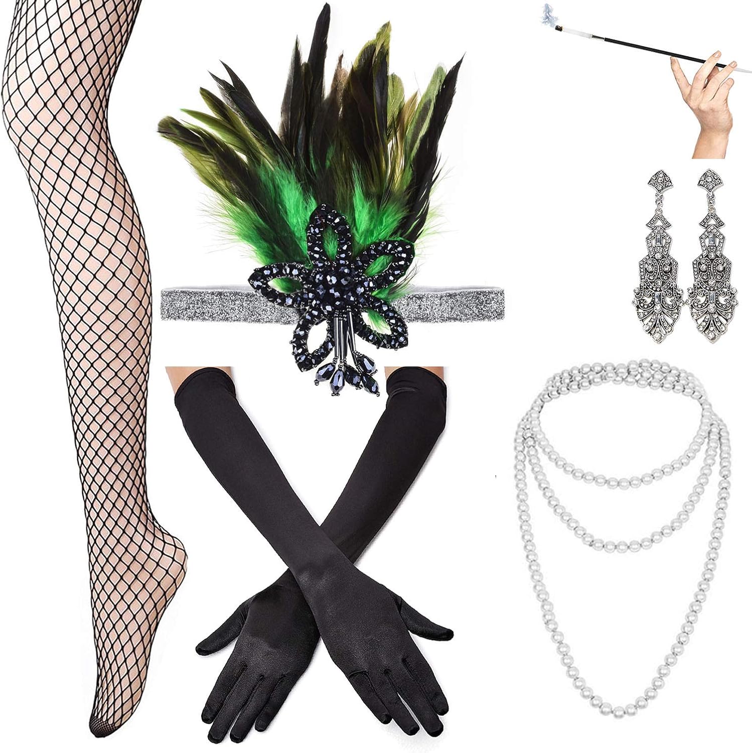 1920s Accessories Set for Women Feather Headband Earrings Necklace Gloves Cigarette Holder Gatsby Flapper Costume Set