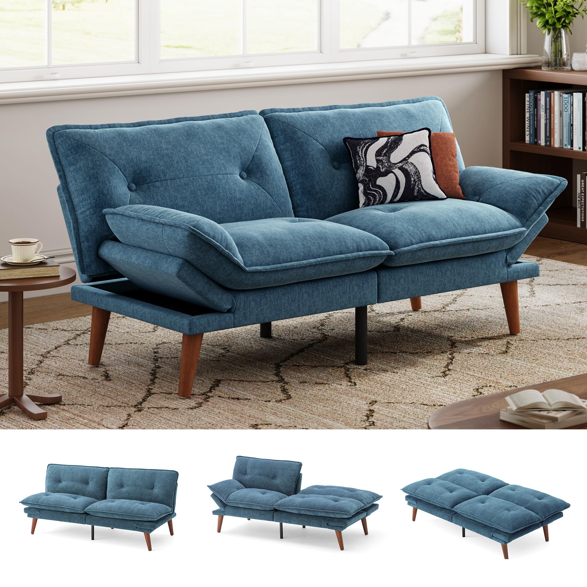 Photo 1 of LINSY HOME Futon Sofa Bed, 70" Chenille Futon Couch with Adjustable Backrest Armrest, 3 in 1 Convertible Comfy Loveseat Sleeper Sofa Bed for Small Spaces Dorm Room Apartment Home Office, Blue
