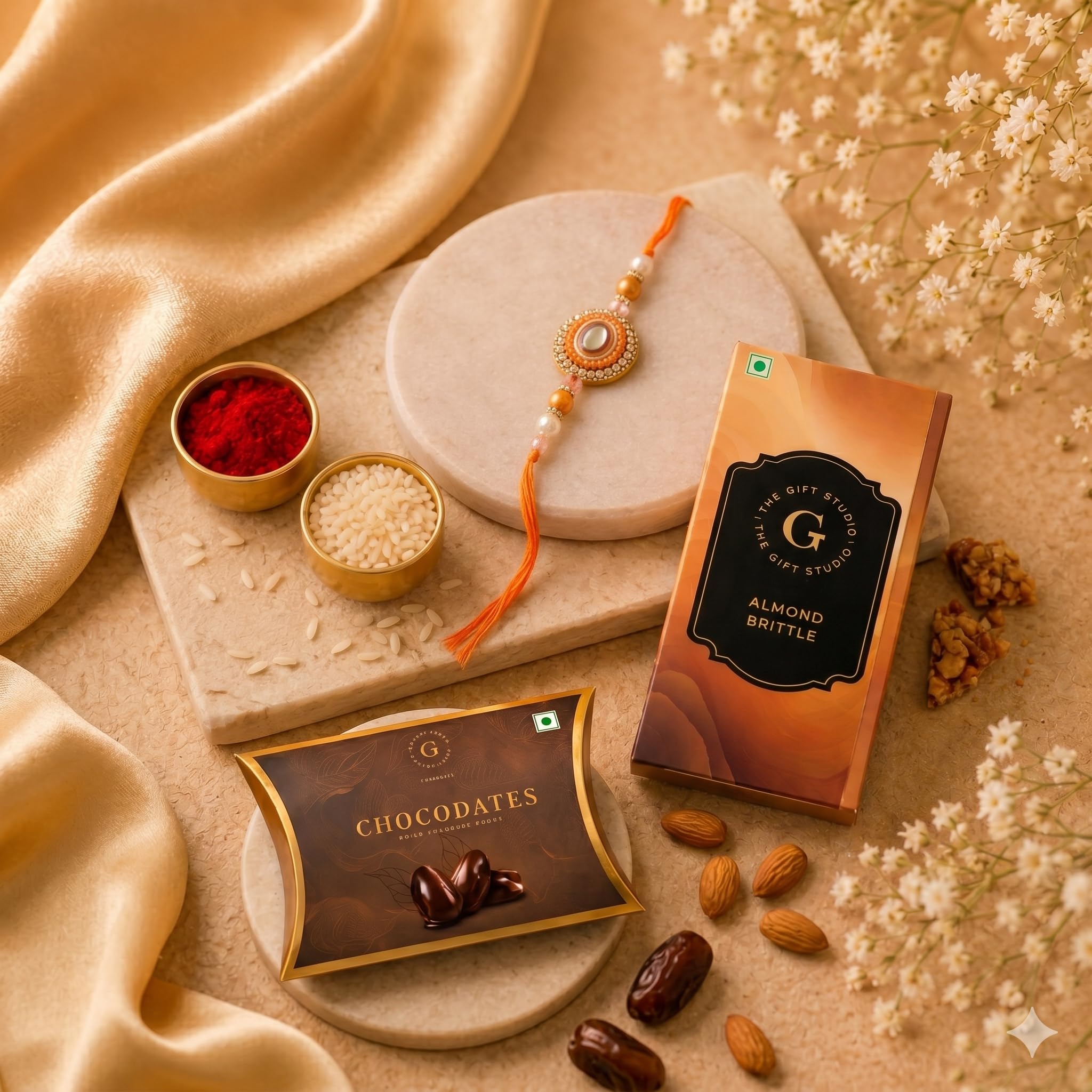 THE GIFT STUDIO.COM | Meenakari Pearl Rakhi Gift Set for Brother | Includes Almond Brittle & Chocodates | Raksha Bandhan Gift-image-22