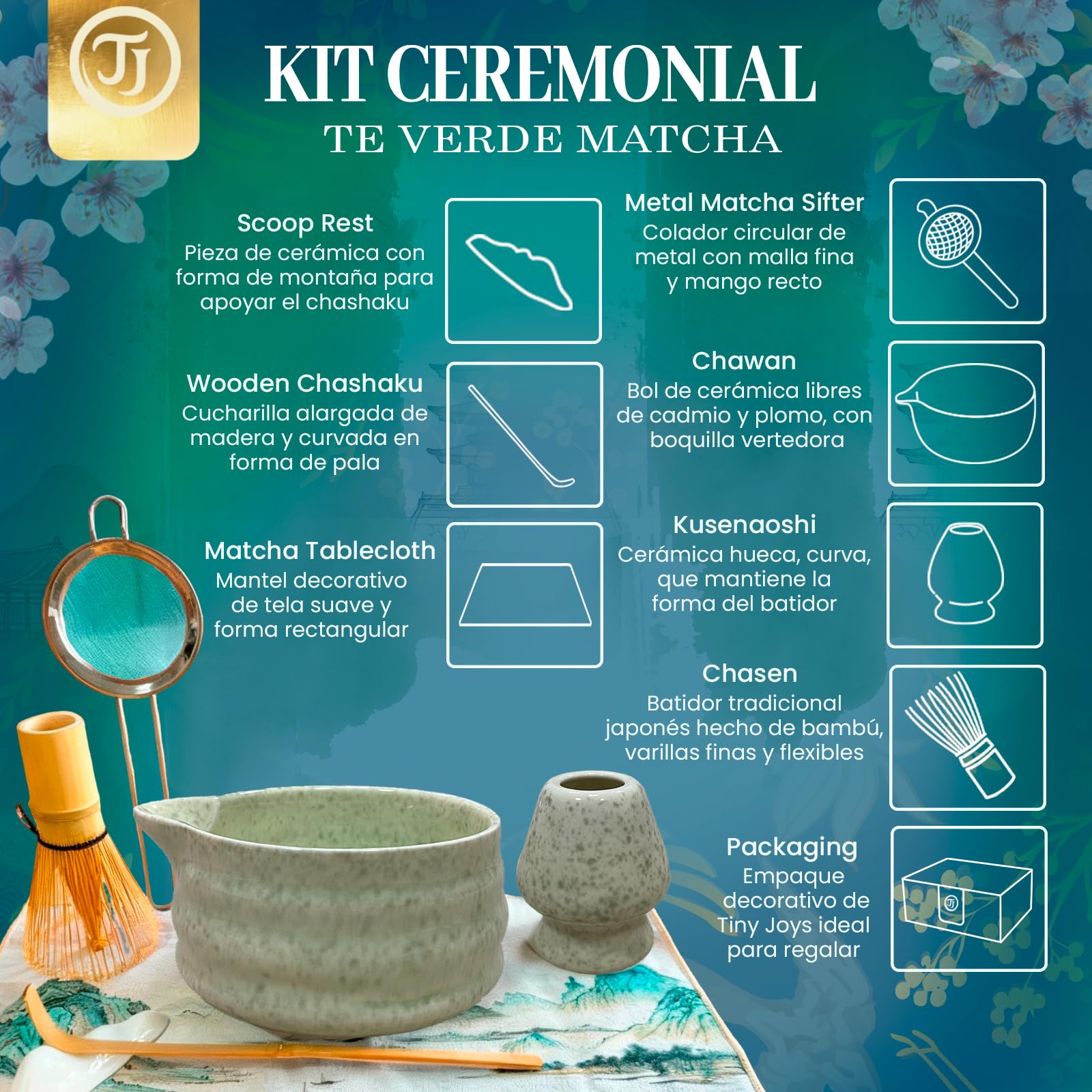 Matcha Kit, set matcha ceremonial completo con lo esencial para un té tradicional de calidad, ideal para principiantes y experimentados, kit té matcha con batidor bambú (Verde Matcha)