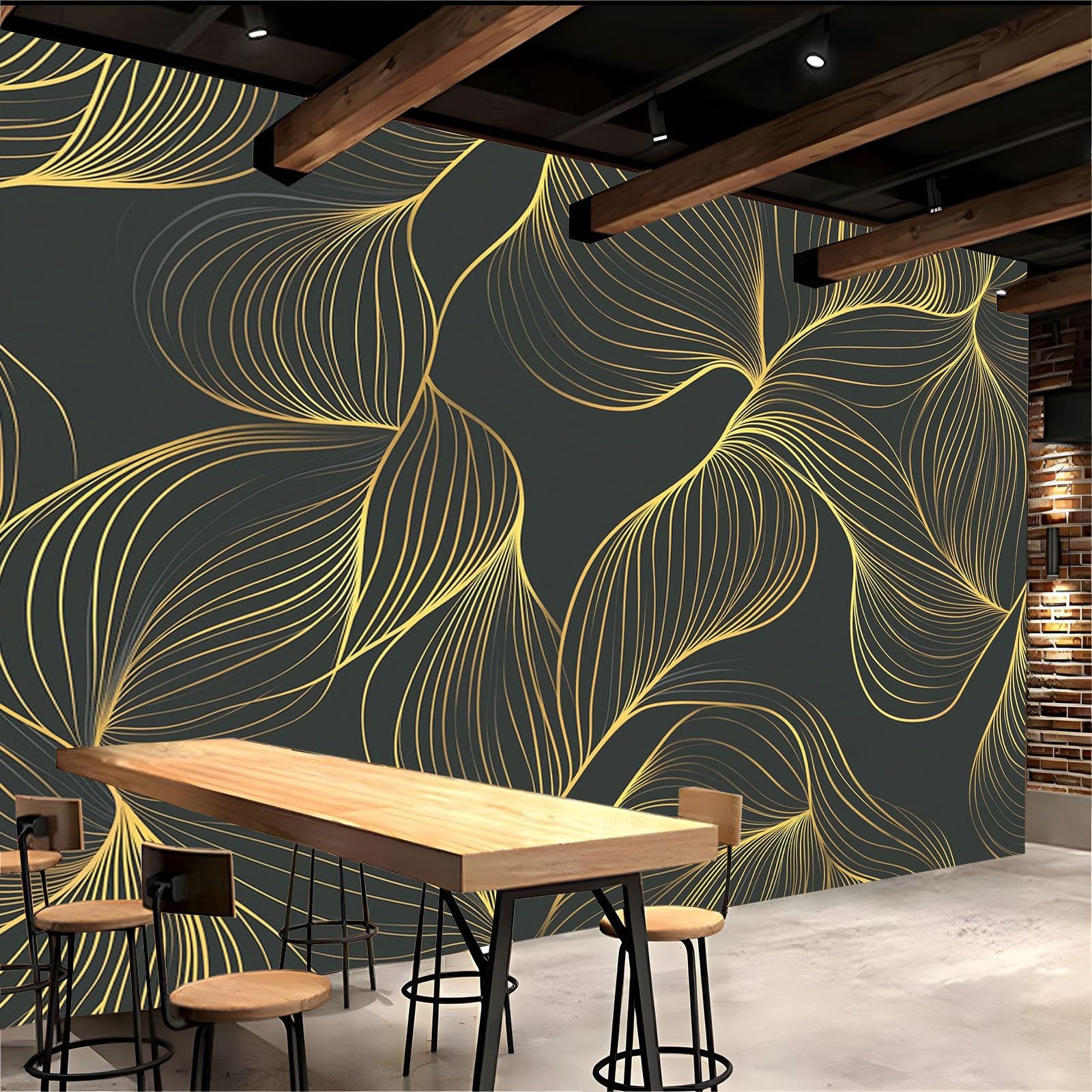 Tapeta 3D, geometryczne, złote rysunki liniowe, 350 x 256 cm, tapeta na flizelinie, tapeta ścienna, druk 3D, fototapety, do salonu, sypialni, tapeta z motywem