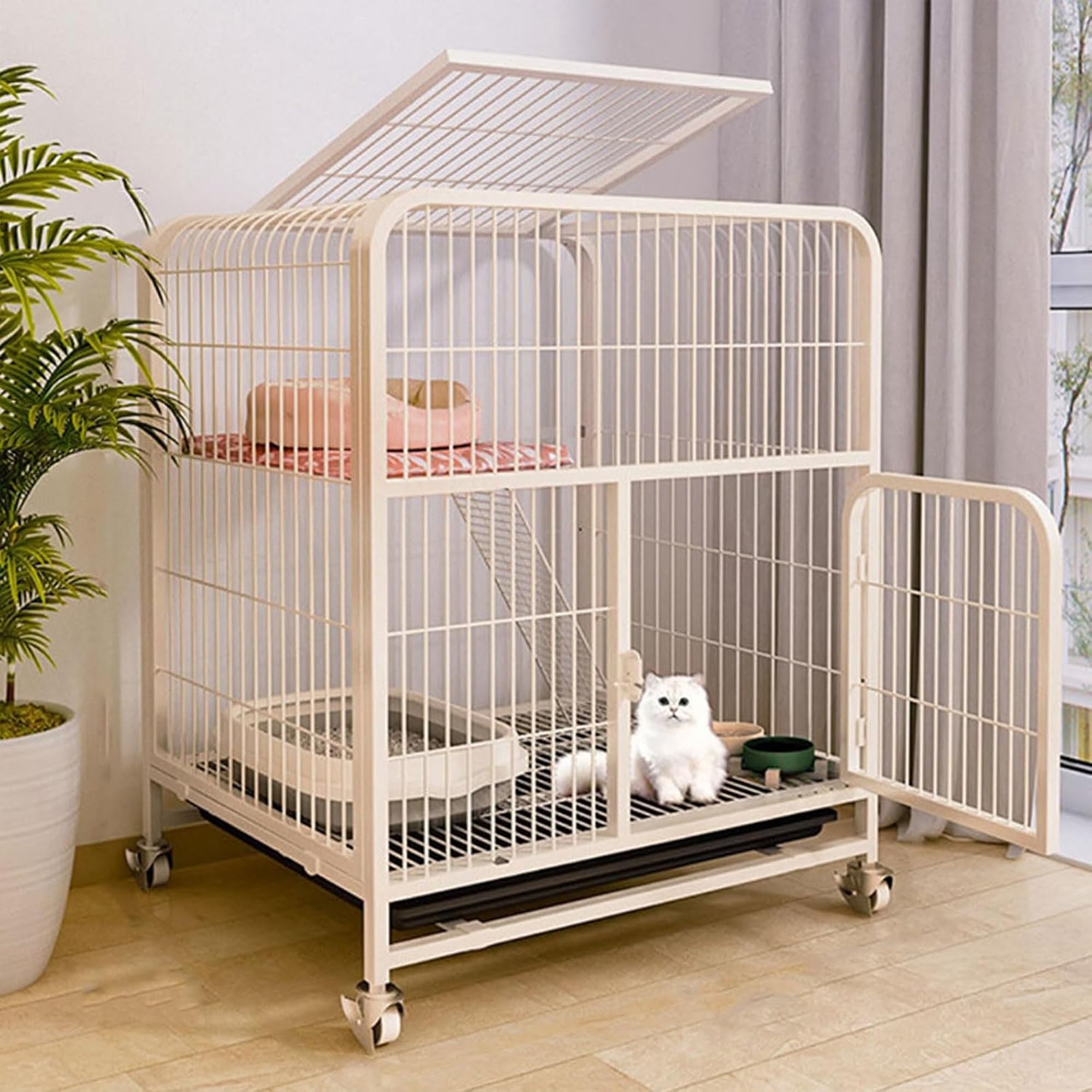 Cat Cage Outdoor Enclosure, Rolling Pet Playpen with 360° Wheels, Hammock, Ladder, and Pull-Out Litter Tray for Indoor/Outdoor Use