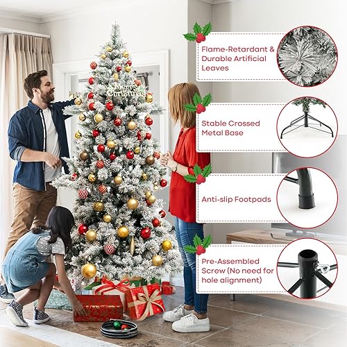 Miniatura 5 de Goplus Árbol de Navidad preiluminado de 7 pies, árbol de Navidad artificial con bisagras con 1057 PVC y puntas de ramas de pino, 420 luces LED
