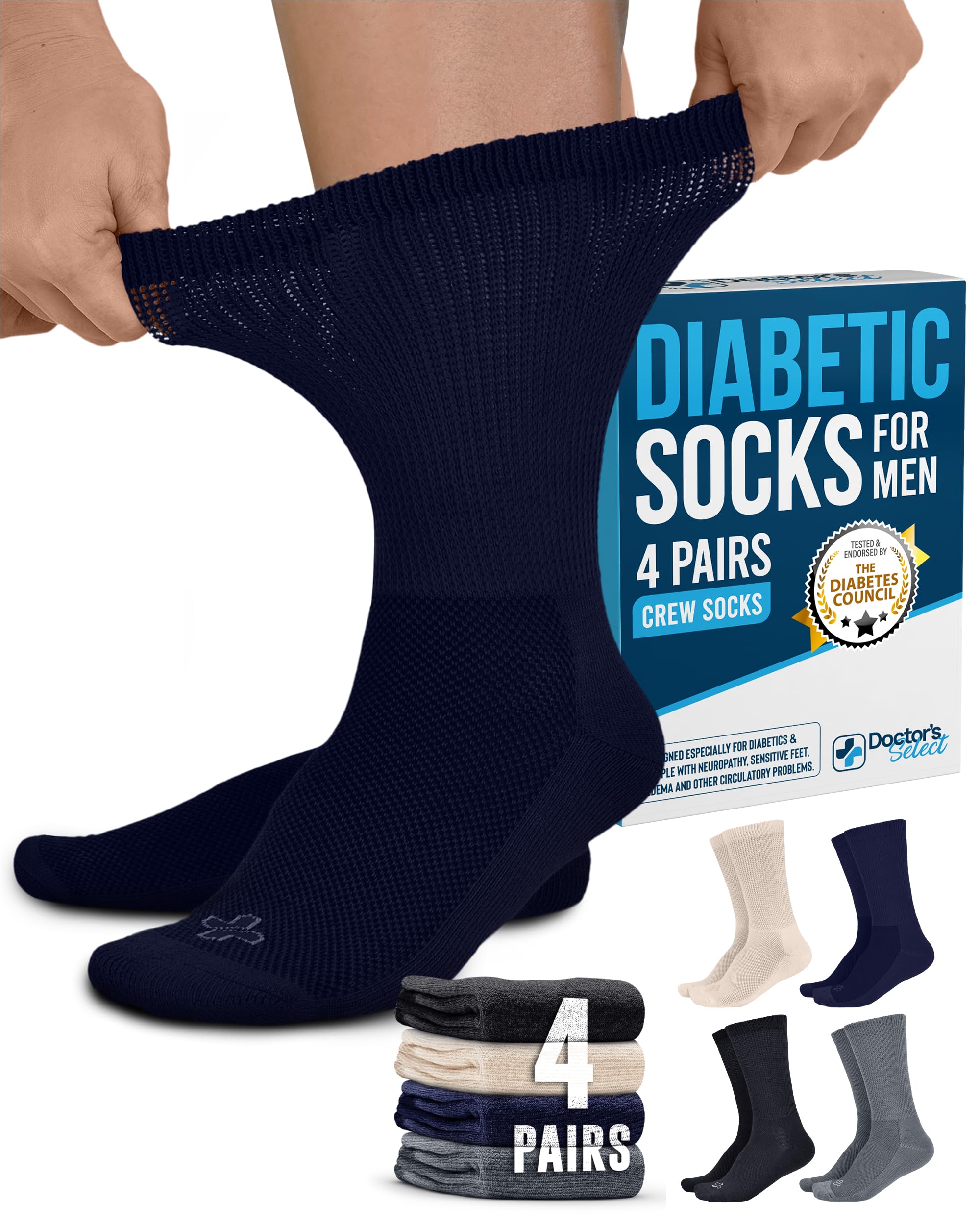 Doctor's Select Diabetic Socks for Men - 4 Pairs Crew Diabetic Neuropathy Socks for Men | Diabetic Socks for Men 9-12