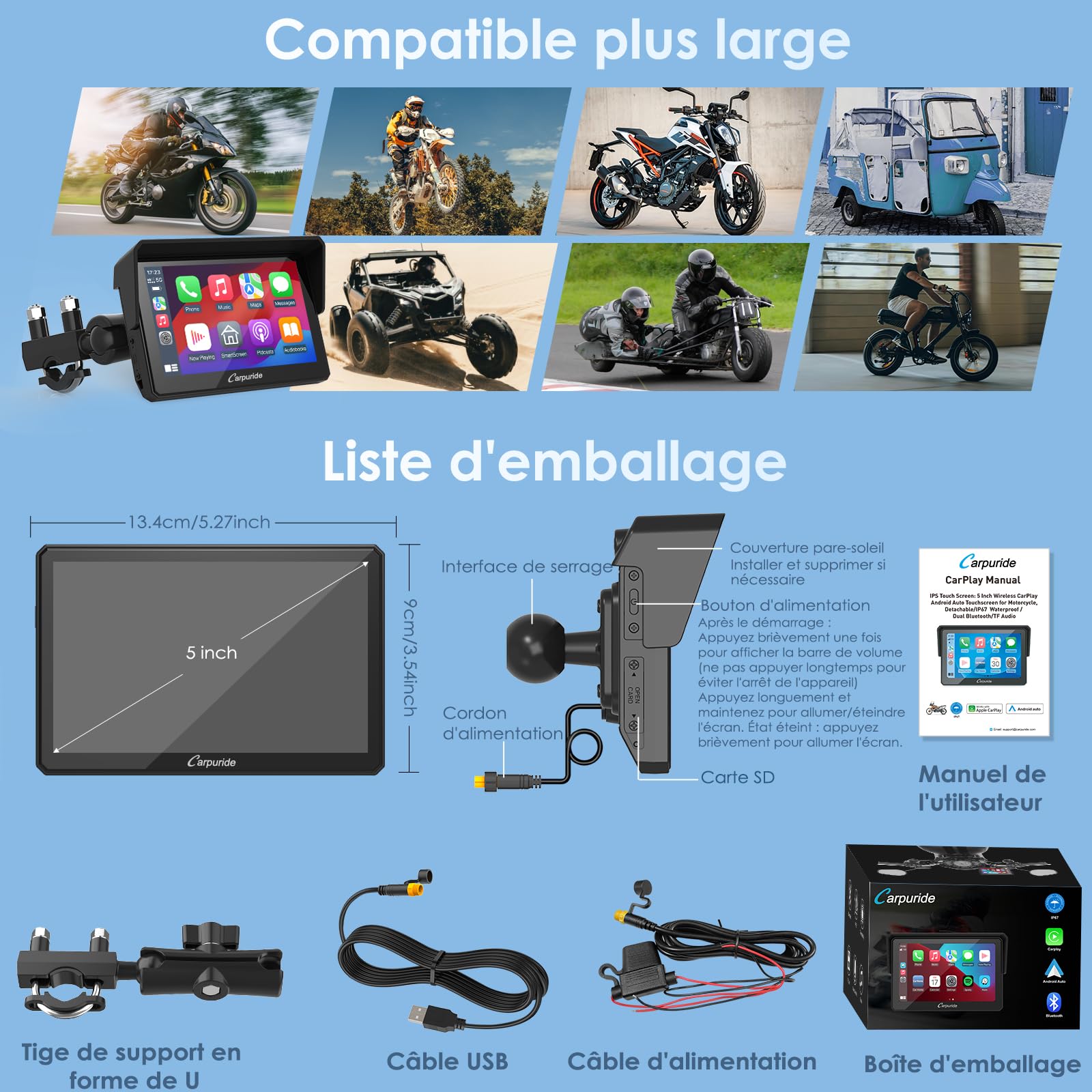 Carpuride W502 Écran Moto 5" GPS avec CarPlay sans Fil & Android Auto - Écran Tactile IPS Étanche IP67, Double Bluetooth, Navigation GPS, Siri,Béquille Moto réglable en Forme de U