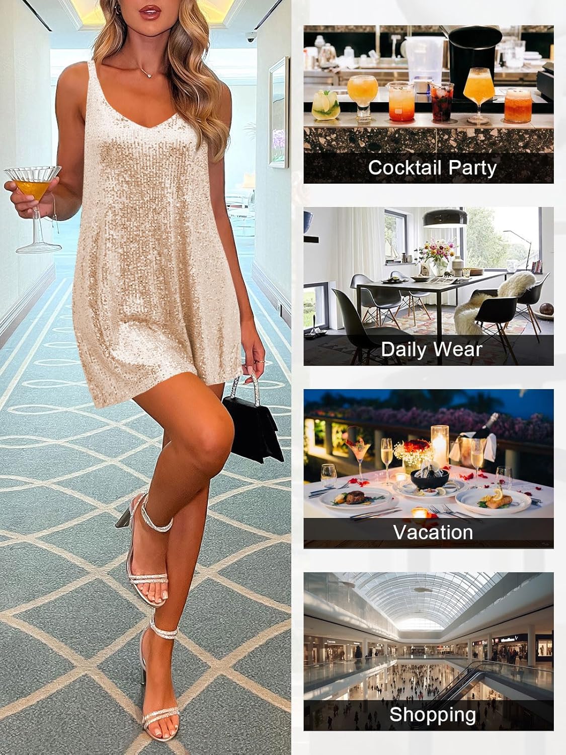 Women's Sequin Dress for Women Sparkly Glitter V Neck Shift Cocktail Disco Outfit Party Club Night Out Mini Dresses - Image 2