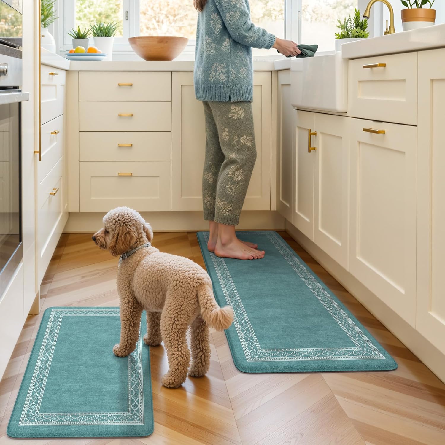 KIMODE Anti Fatigue Kitchen Mats 17"x47"+17"x29", Farmhouse Memory Foam Kitchen Floor Mats Non Slip, Turquoise Kitchen Mats for Floor, Waterproof Standing Mats for Laundry Office Sink Desk