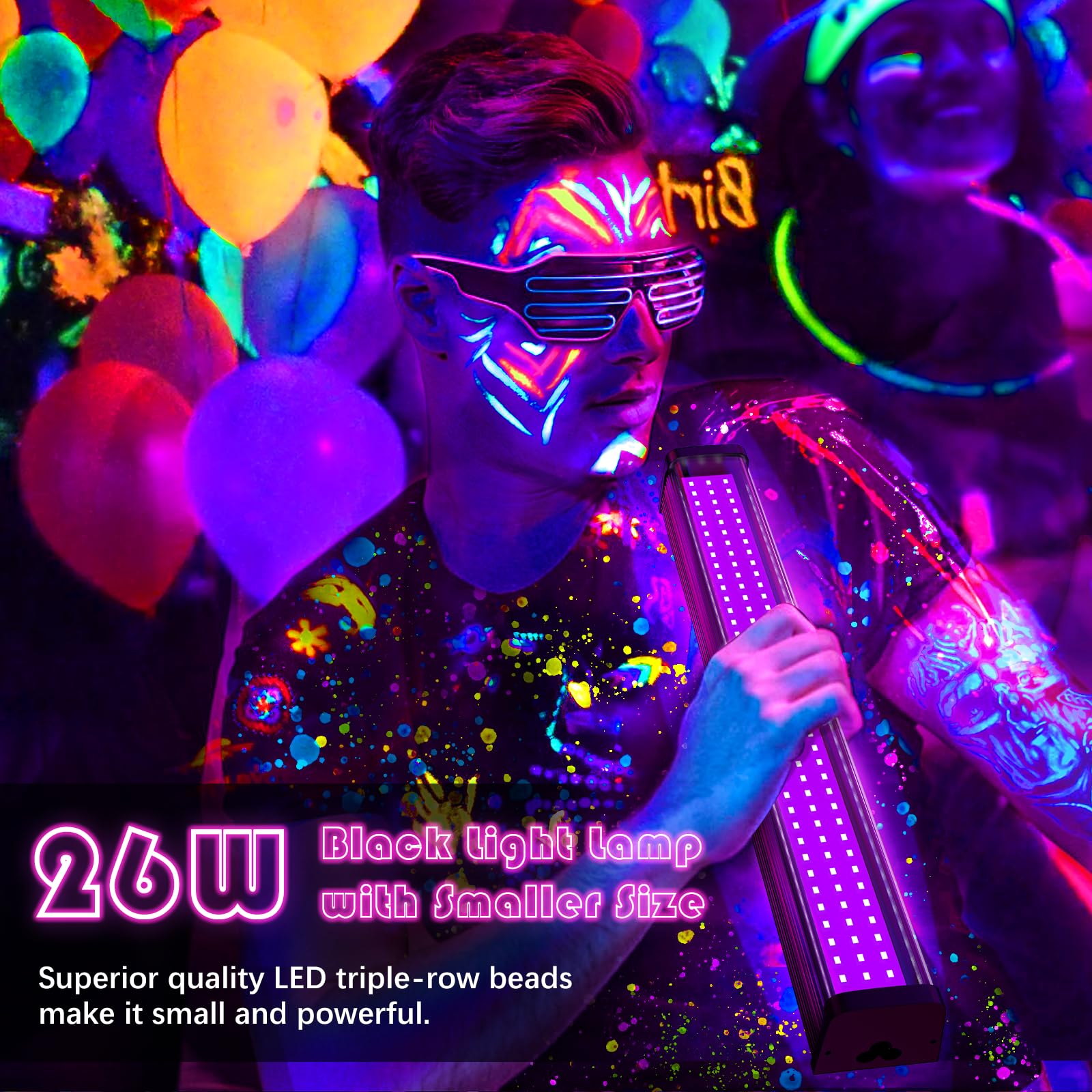 Glostars 2-Pack 26W LED Black Light Bar, Black Lights with Plug & Switch, UV Strip Lights for Glow Party, Fluorescent Tapestry Poster, Body Paint and Cabinet Display