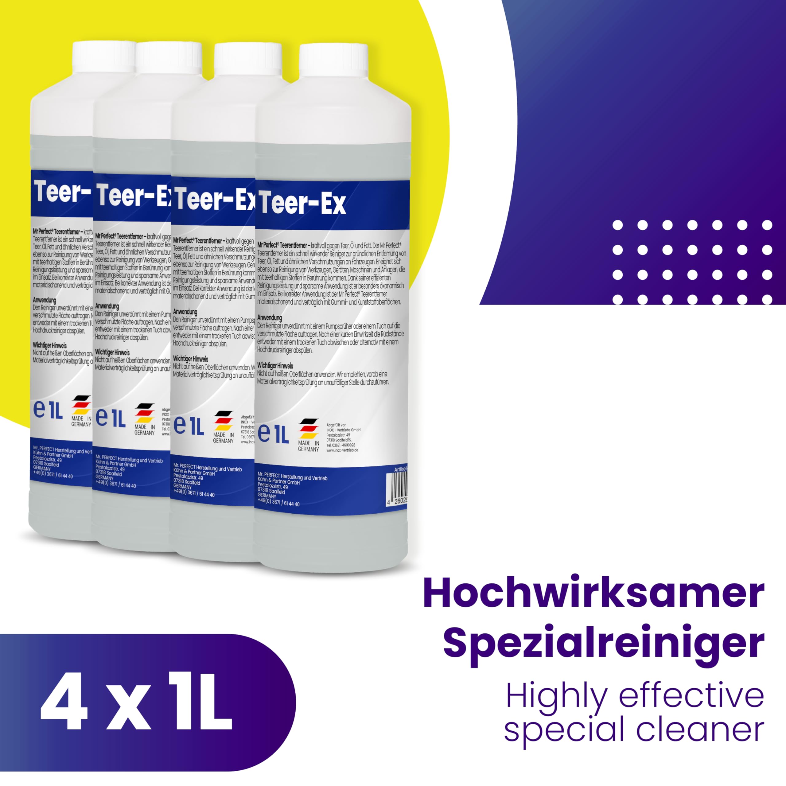Mr. Perfect® Professioneller Teerentferner Auto - 4x1L I Bitumen Entferner - Entfernt effektiv Teer, Bitumen, Öl & Fett I Baumharzentferner - Teer Entferner für Auto, Wohnmobil, Werkzeuge & Mehr