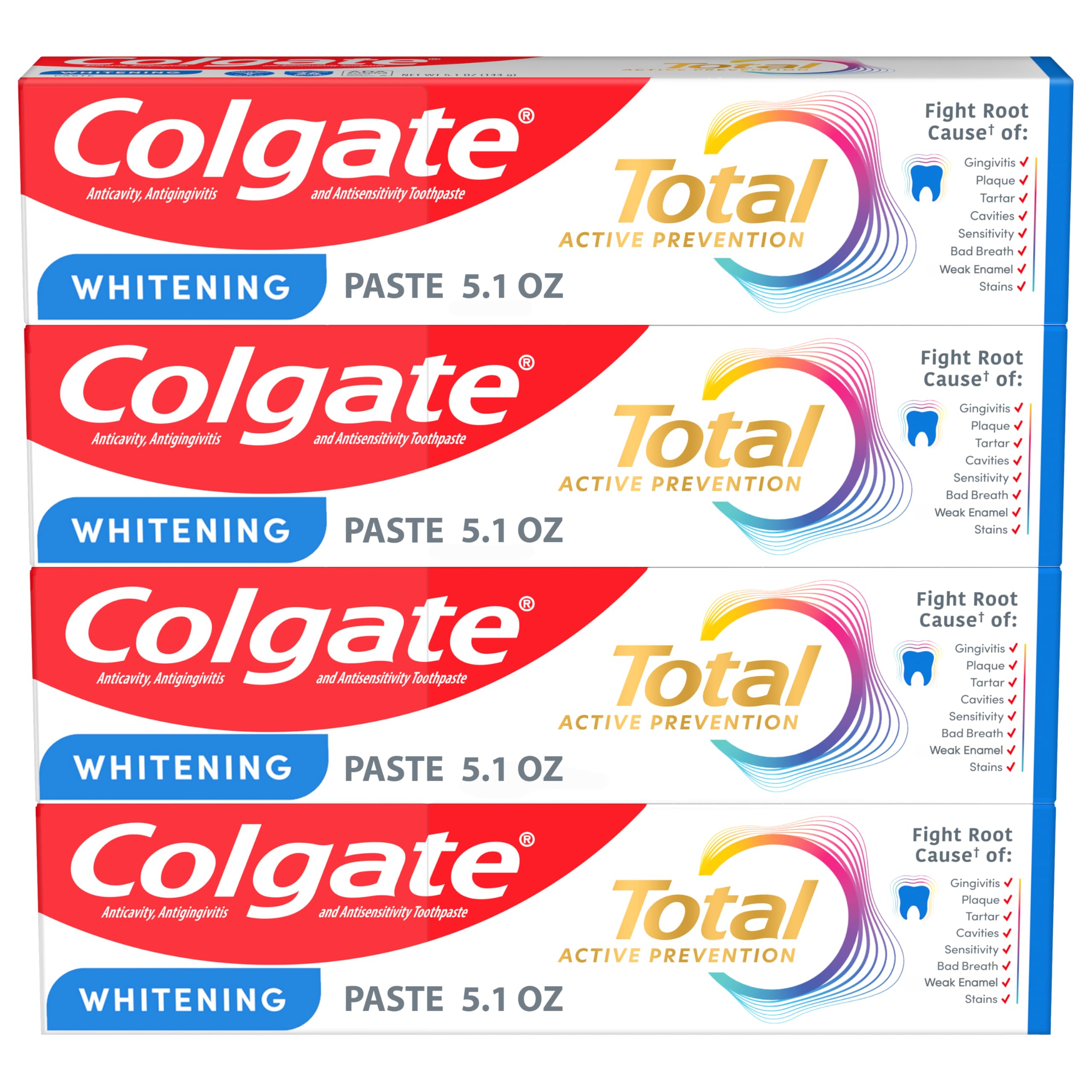 ColgateTotal Whitening Toothpaste Paste, 5.1 oz, 4 Pack, Fluoride, Antibacterial, for Plaque, Gingivitis, Sensitivity, Stain Removal, Clinically Proven, Mint, Teeth Whitening, Stannous Fluoride