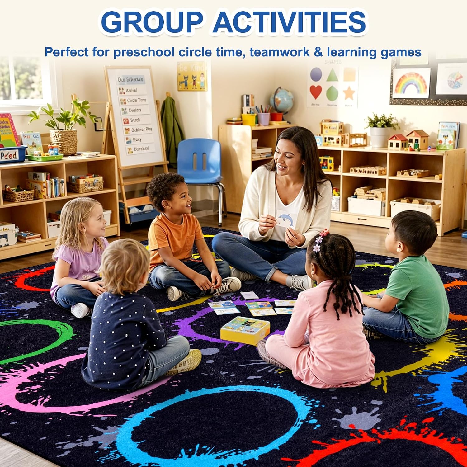 Classroom Rug 6x9, Large Classroom Carpet, Multicolor Circle on Black