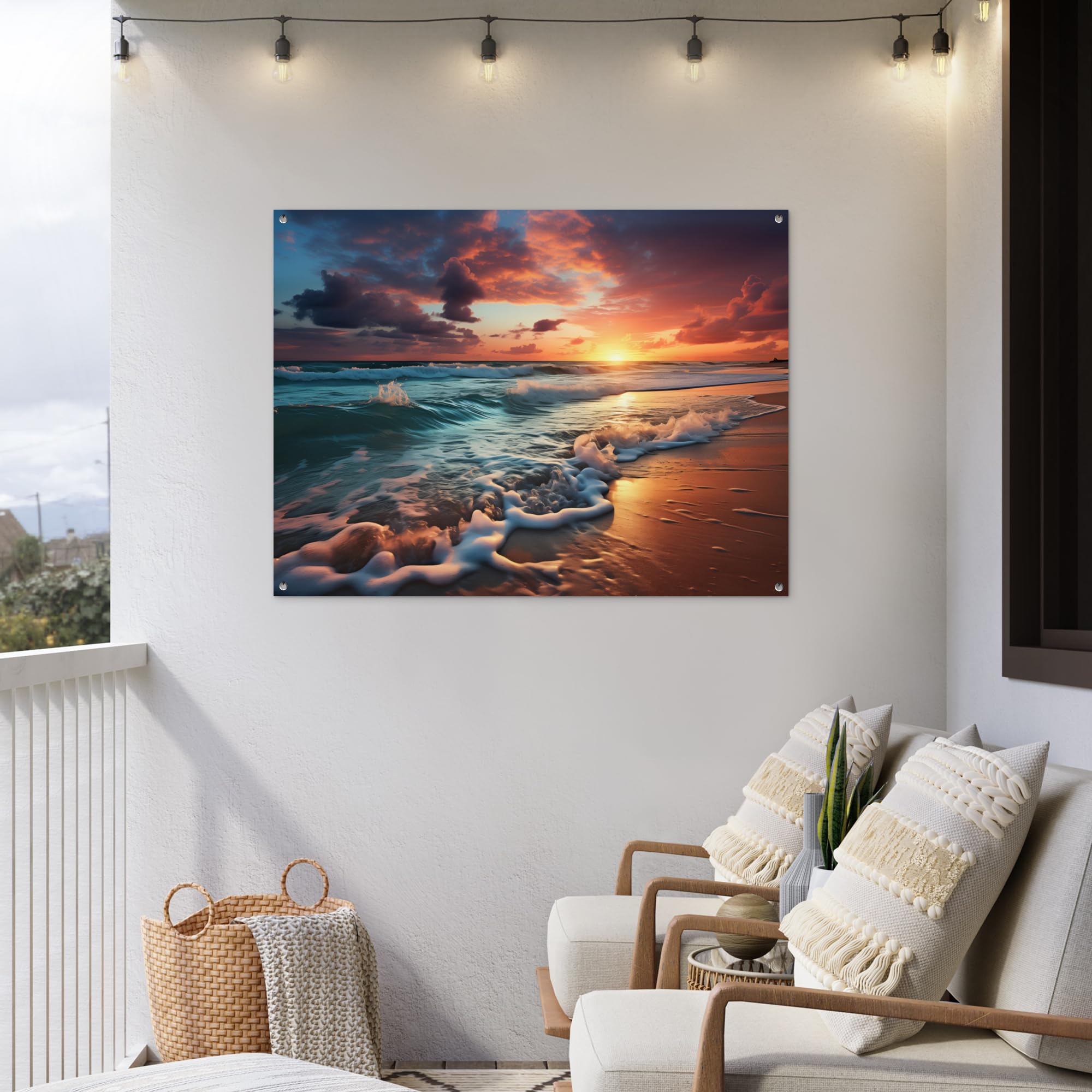 MuchoWow© Decoracion Jardin Exterior Decoración Pared Póster De Jardín | 120x90 cm - Balcón Wall Decoration Patio Posters Decorativos Terraza Puesta sol - Playa - Mar - Golf