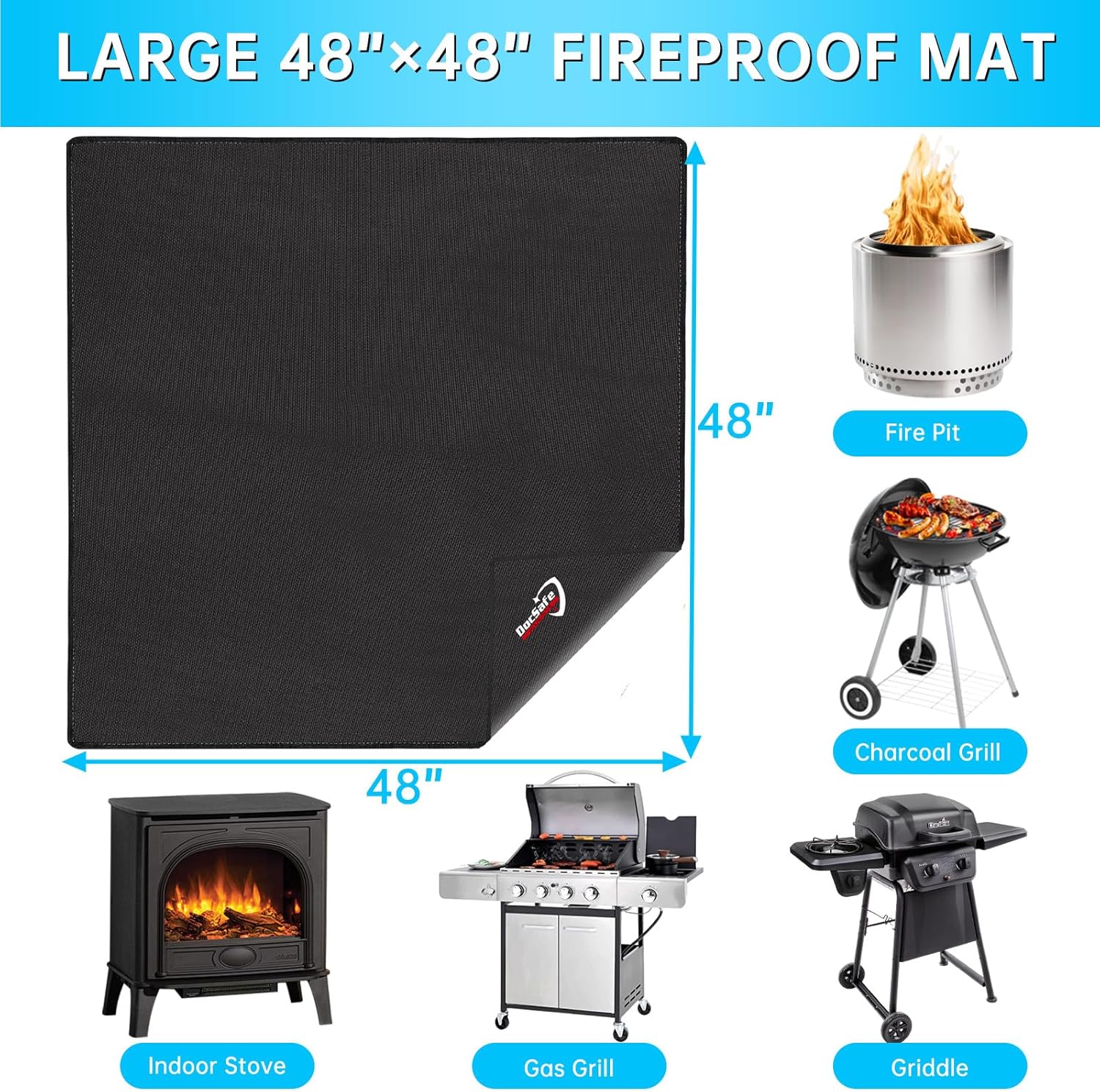 DocSafe Large Under Grill Mat 48" Square Fire Pit Mat,4 Layers Fireproof Grill Pads Protect for Deck,Patio,Outdoor Charcoal,Smokers,Wood Floor,Indoor Fireplace,Reusable Oil-Proof＆Waterproof,Black