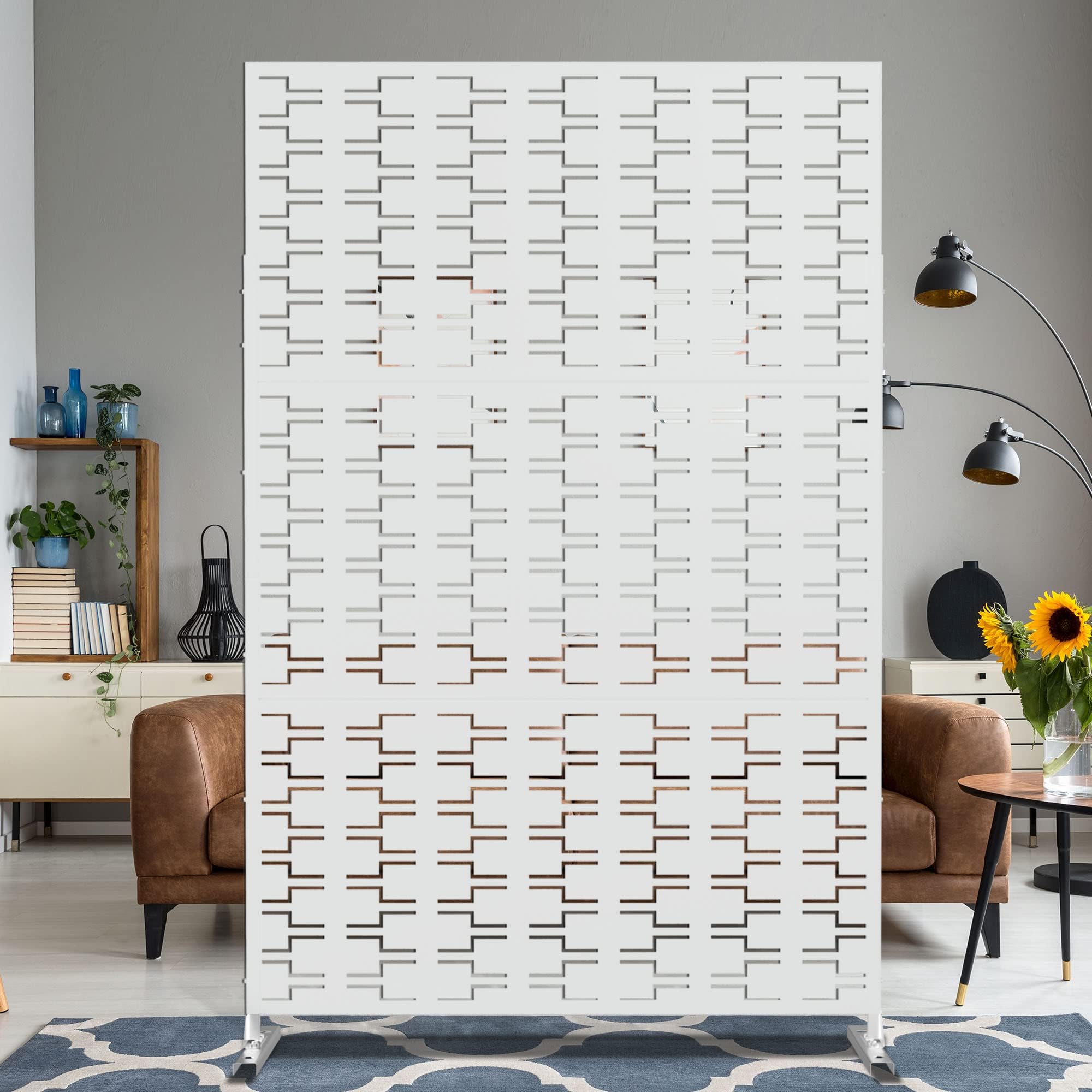 Elevens Metal Outdoor Privacy Screen, Freestanding Outdoor Divider Screen Decorative Privacy Fence Screen for for Balcony Patio,72'' H×47'' W (White-Bricks)
