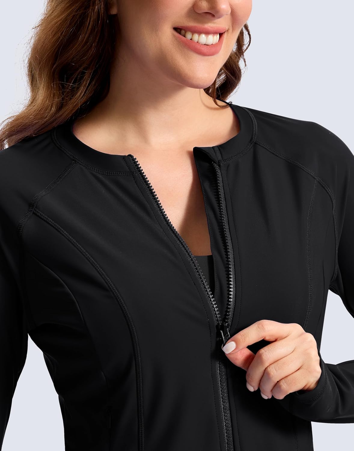 SANTINY Cropped Rash Guard Women Swimsuits with Zipper Pockets UPF50+ Sun Protection Long Sleeve Swim Shirt Crop Tops - Image 3