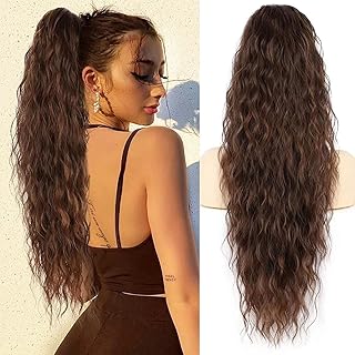 26 Inch Long Chestnut Brown Drawstring Ponytail Extension for Women Synthetic Long Curly Wavy Clip in Ponytail Hair Extensions for Daily Party Use (26 Inch, Chestnut Brown)