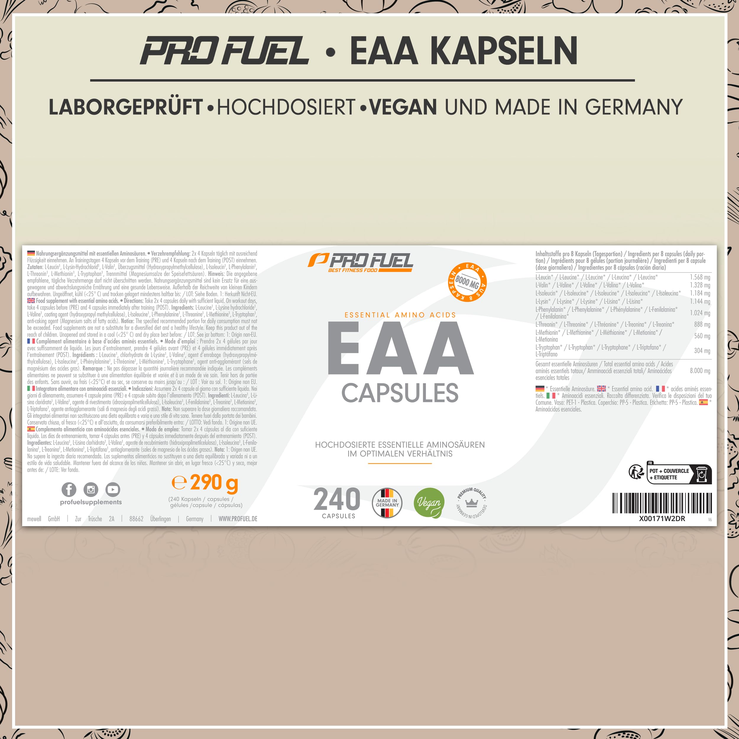EAA Kapseln hochdosiert 240 Giga Caps mit je 1000 mg EAA (vegan) - optimiertes Multi-Amino E.A.A. Pattern mit 8 essentiellen Aminosäuren - laborgeprüft mit Zertifikat - 100% vegan - 2x 240 Kaps