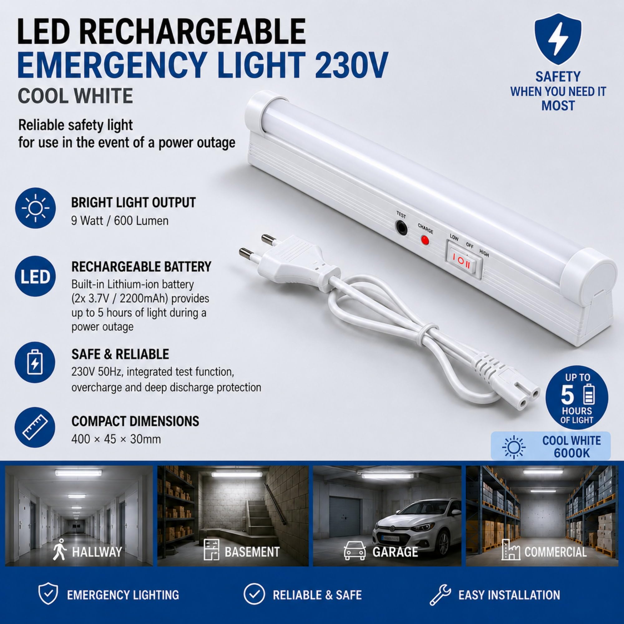 HAVA Luce di emergenza a LED 230V, 9W, batterie ricaricabili agli ioni di litio, bianco freddo 6000K